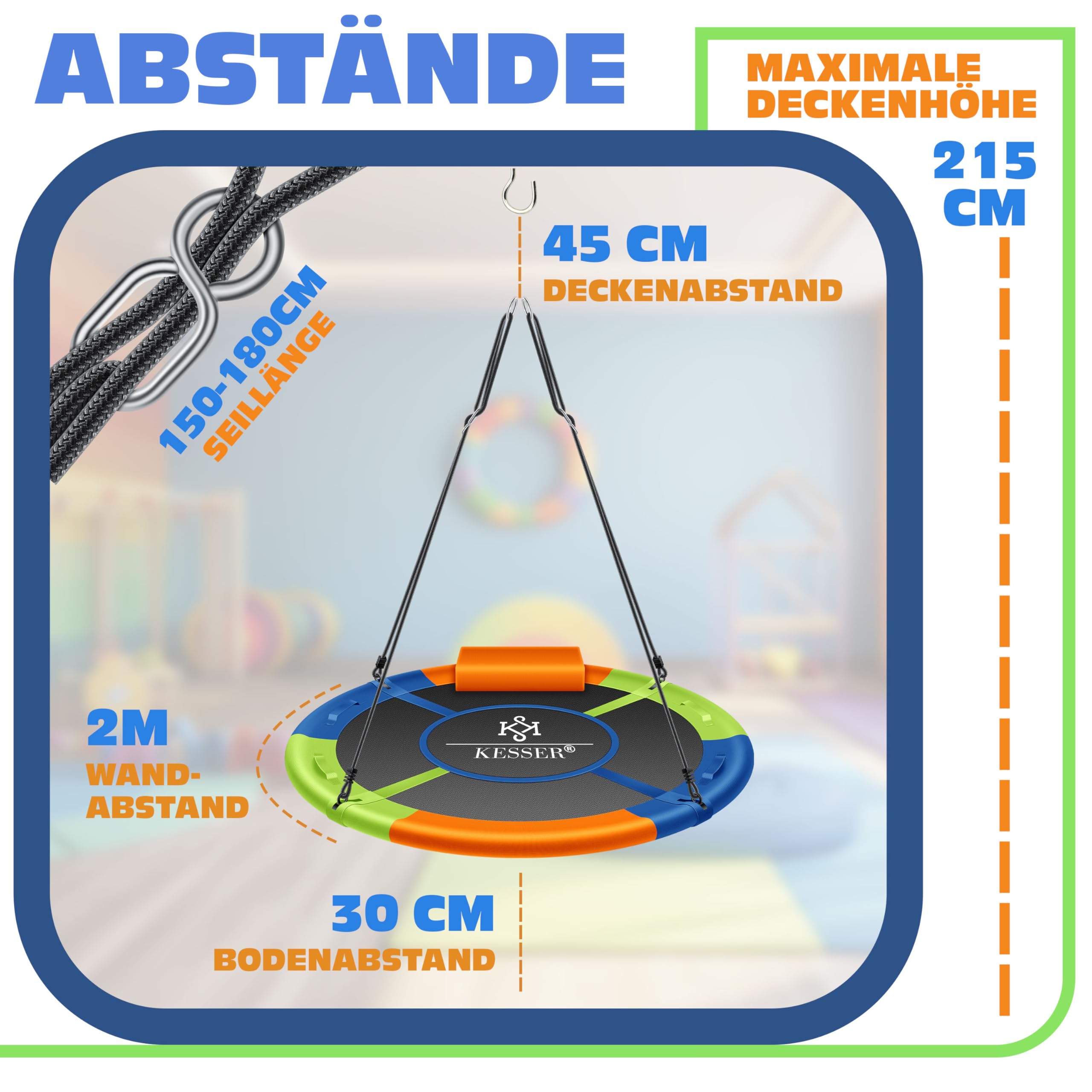 KESSER® Altalena a Rete Rotonda Regolabile per Bambini e Adulti, 120 cm, Multicolore