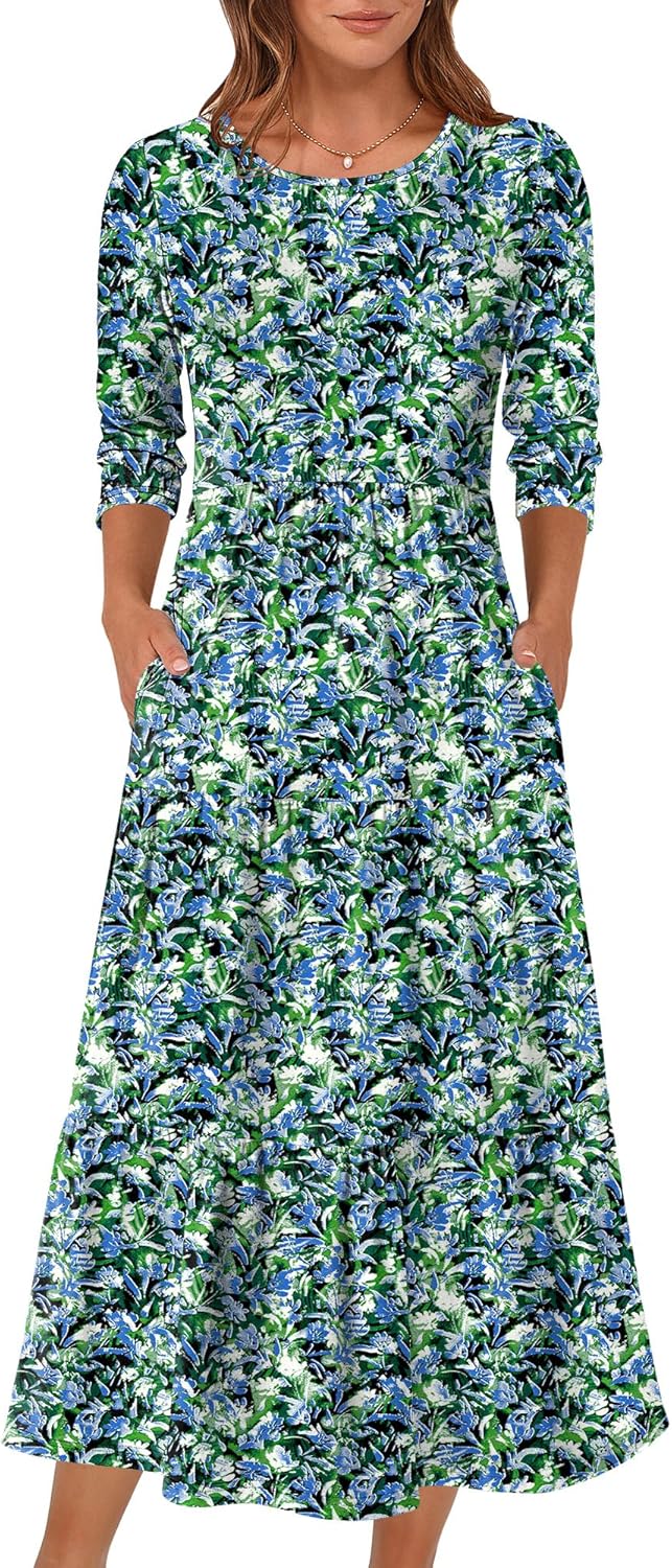Prinbara Women's 3/4 Sleeve Casual Maxi Floral Dresses 2025 Fall Crewneck A-line Tiered Flowy Summer Boho T Shirt Long Dress