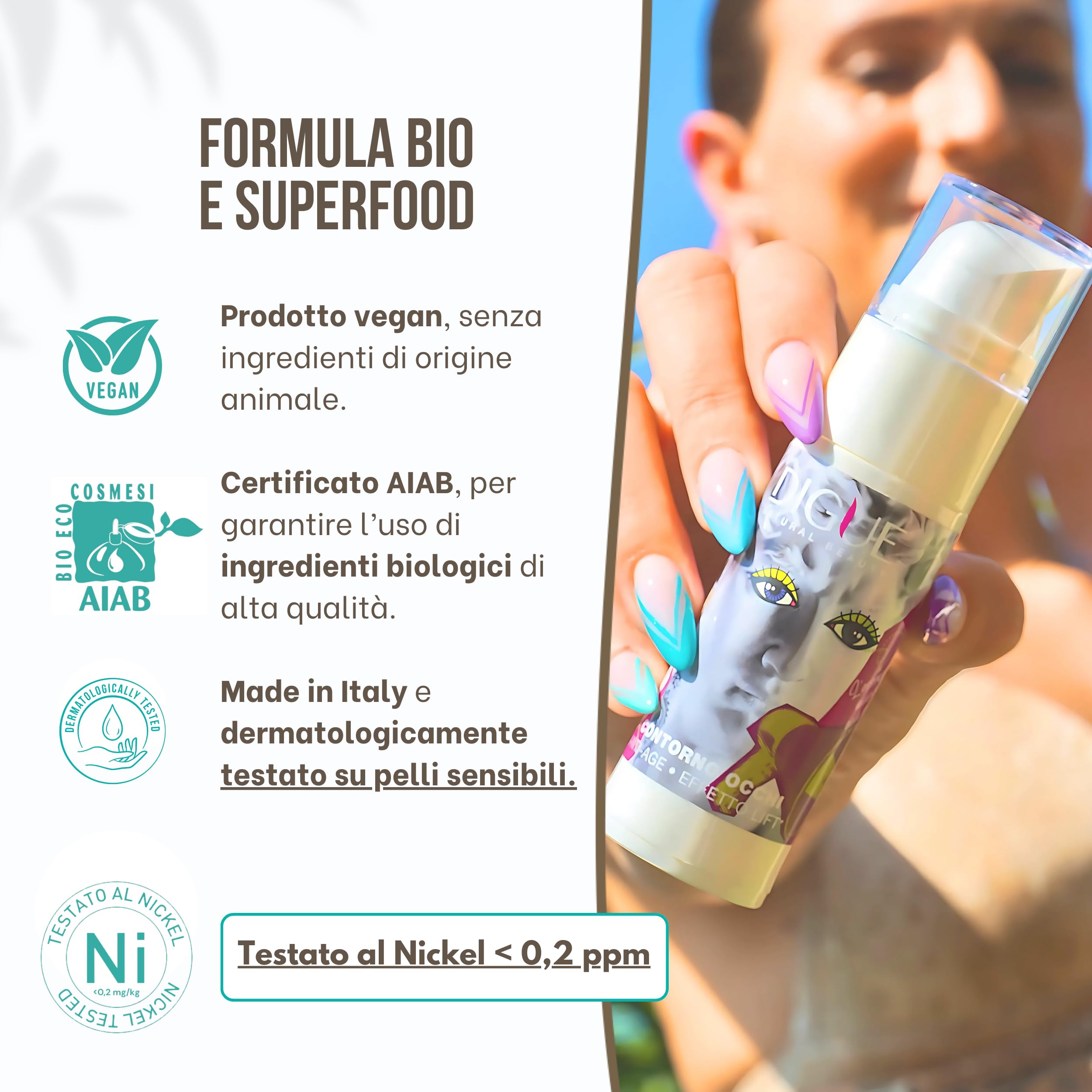 DIGUE® Crema Borse e Occhiaie - Contorno Occhi Rassodante SuperFood - Azione Lenitiva istantanea contro i gonfiori, Testato su Pelli Sensibili - Lifting Uomo e Donna, da 30 ml Made in Italy