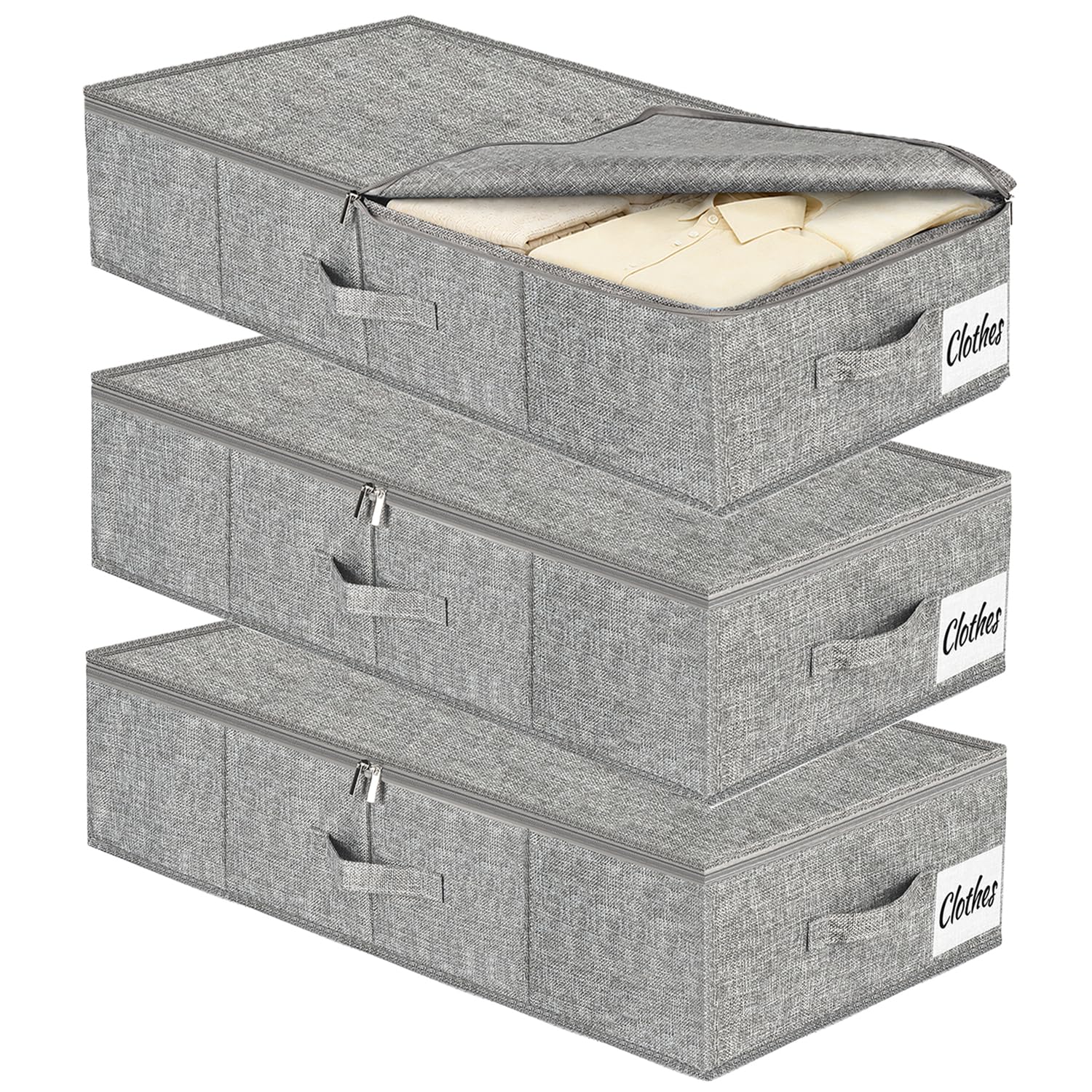 17 cm Tall Underbed Storage Boxes with Lids, 50L Foldable Under Bed & Sofa Storage with Rigid Sides, Base & 3 Sturdy Handles, Waterproof Fabric Organiser for Clothes, Blankets & Shoes, 3 Pack, Grey