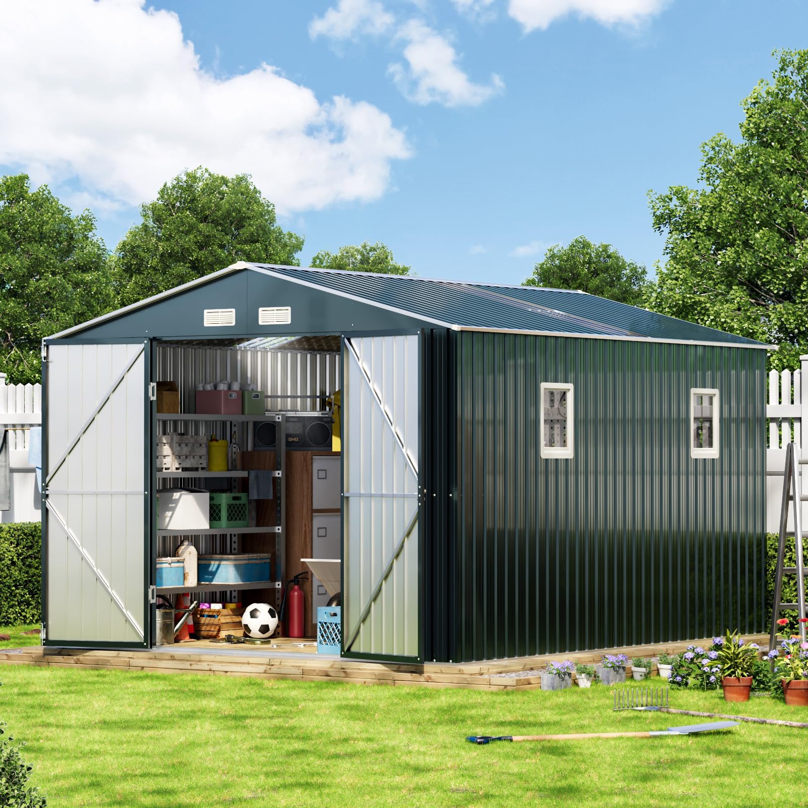10x12X7.5FT Outdoor Steel Storage Shed with Lockable Doors and Frame Floor, Perfect for Garden, Backyard, and Patio Utility and Tool Storage, Midnight Blue