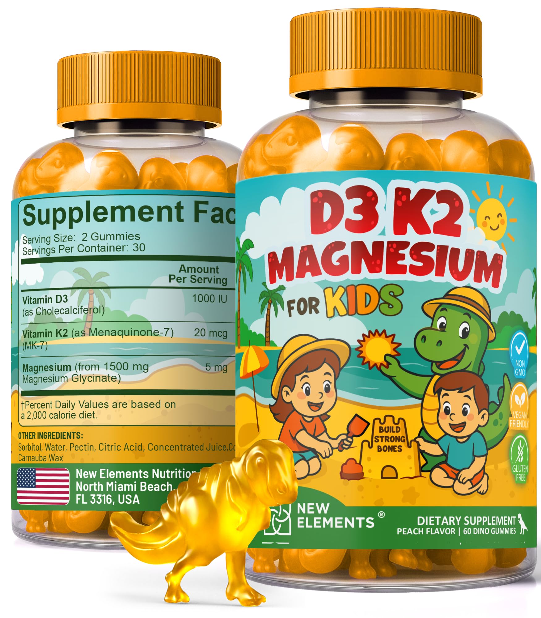 New Elements Kids Vitamin D3 K2 Gummies with Magnesium Glycinate | Strong Bones &amp; Immune Health | Vitamin D3 1000 IU for Kids | Vitamin K2 for Kids 20mcg | Non-GMO, Gluten-Free