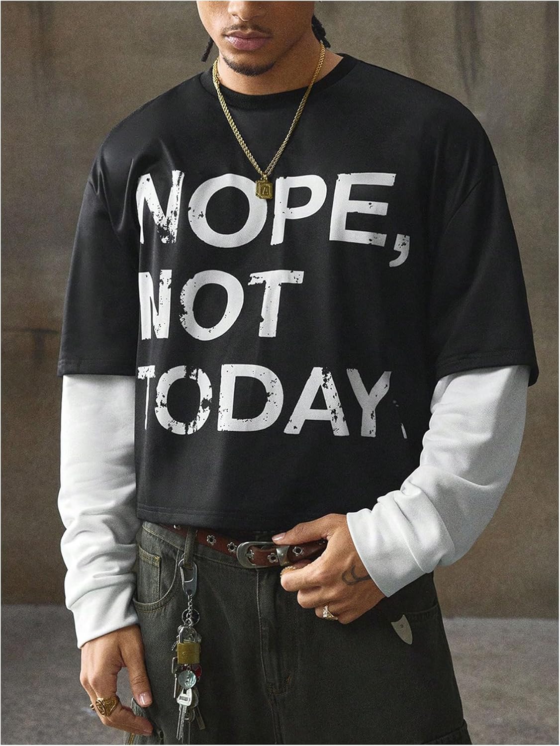 WDIRARA Men's Graphic T Shirts Crew Neck Long Sleeve Tees 2 in 1 Tops Streetwear - Image 4