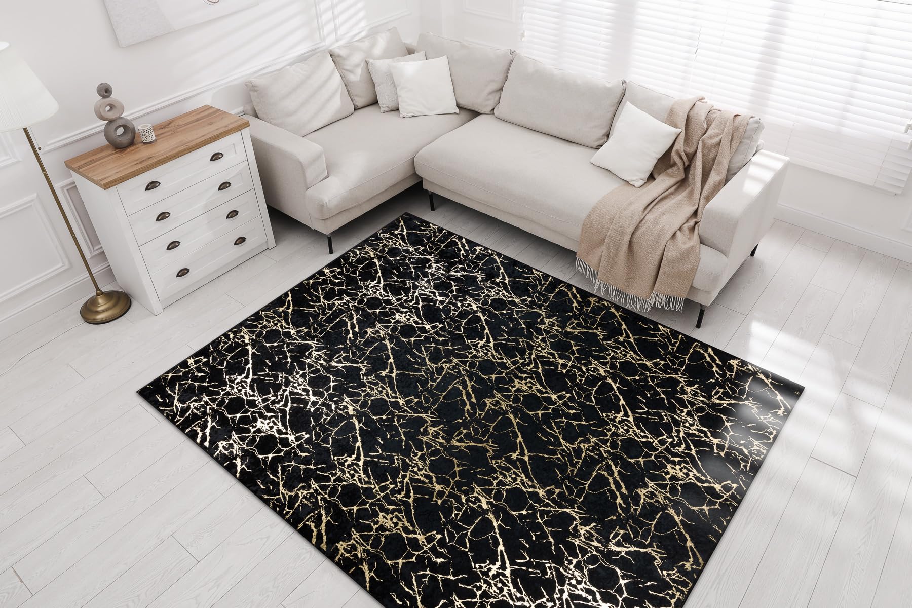 rugsx MIRO 11111.2106 Dywanik do prania marmur, Glamour antypoślizgowy - czarny/złoty 200 x 290 cm