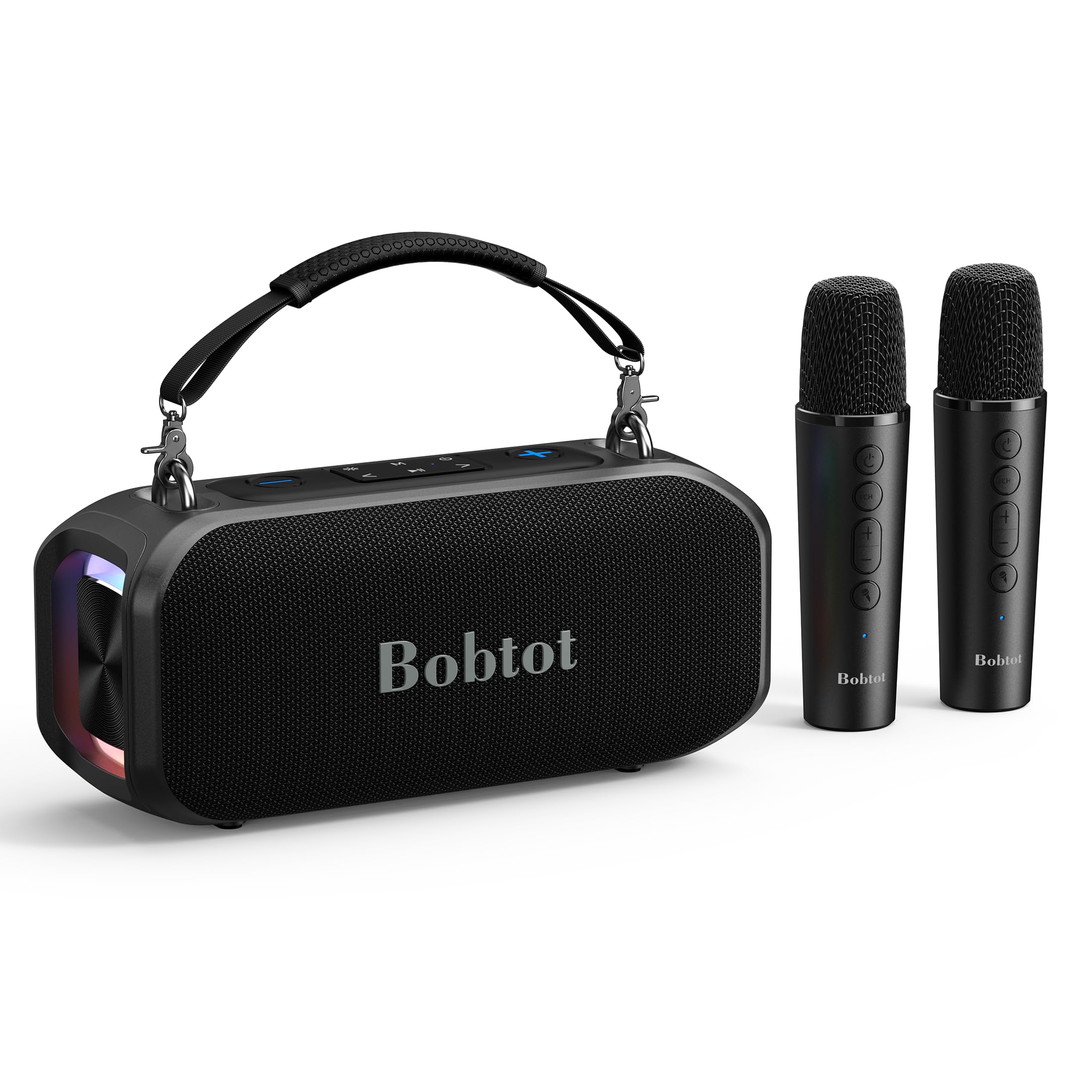 Bobtot Portable Speaker with 2 Wireless Microphones Outdoor Speaker IPX5 Waterproof Speaker with Handle Stereo Loud Sound Home