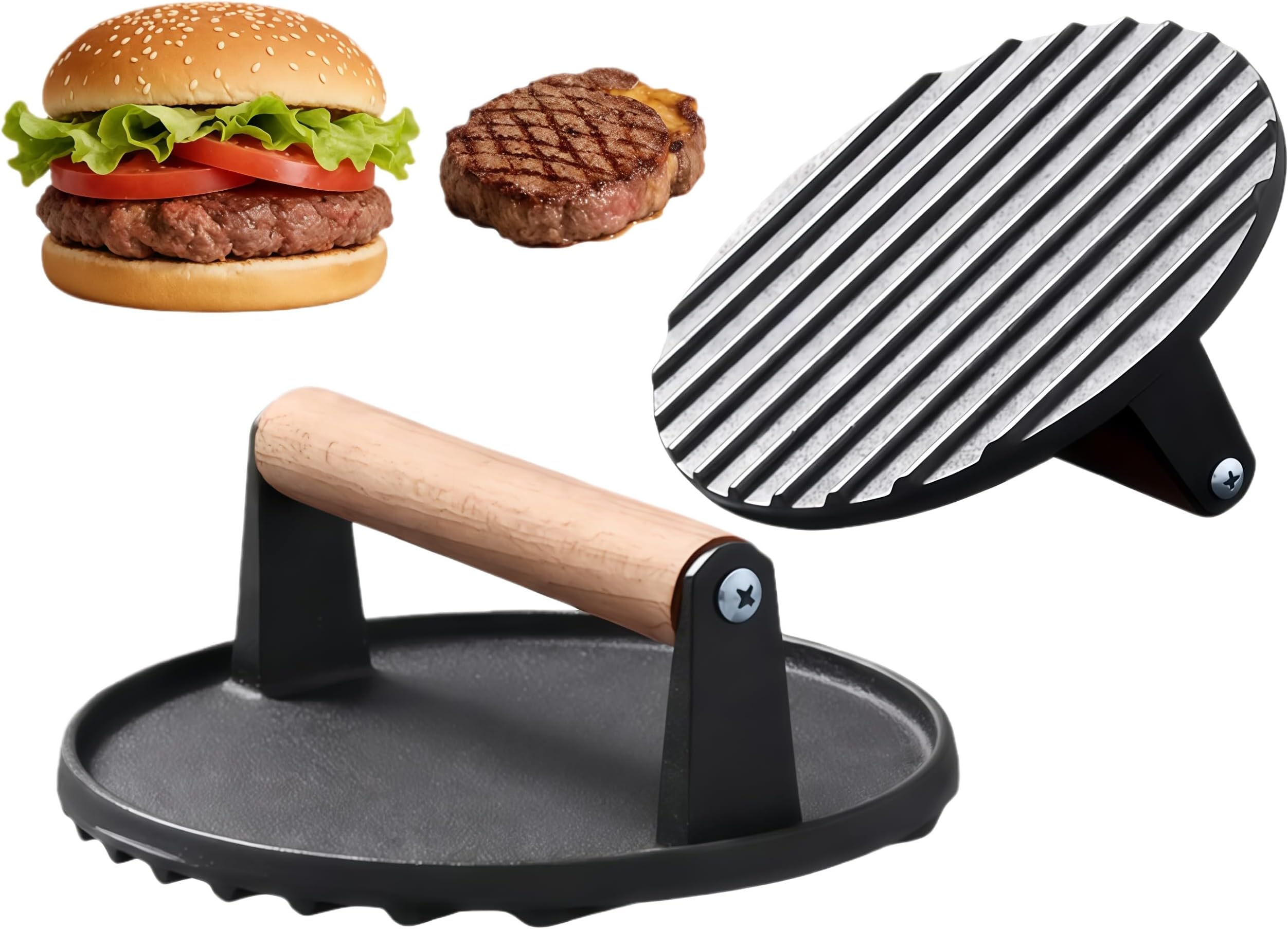 Cast Iron Grill Press, 7 Inch Round Smash Burger Press & Bacon Press with Wood Handle, 2LB Heavy-Duty Kitchen Tool for Perfect Grill Marks on Stovetop, Griddle, and BBQ