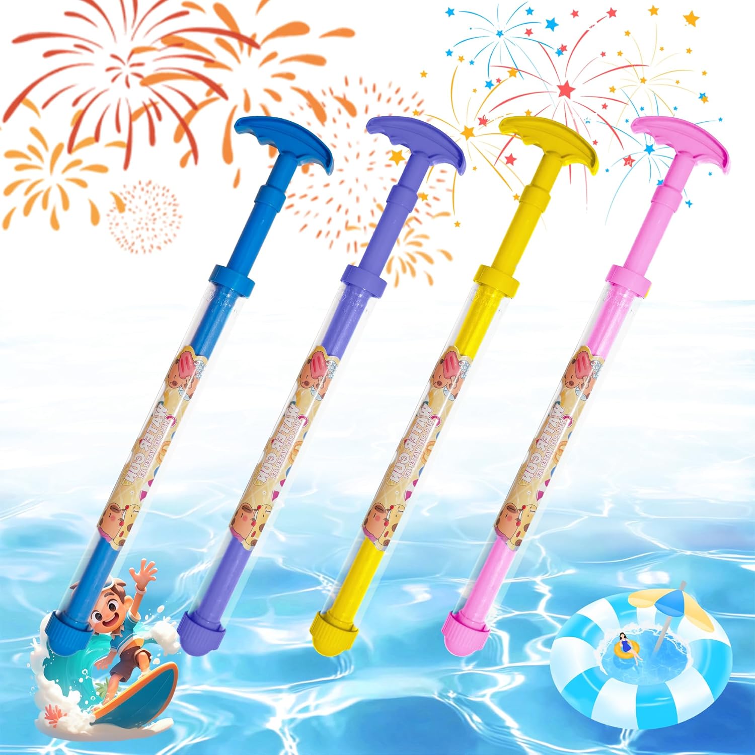 Water Gun Fireworks Water Gun for Adults–Squirt Gun with Dazzling Spray Effect – Fun Firework Squirtfor Pool, Beach, Concerts, Parties & Festivals(4pc) Blue+purple+pink+yellow