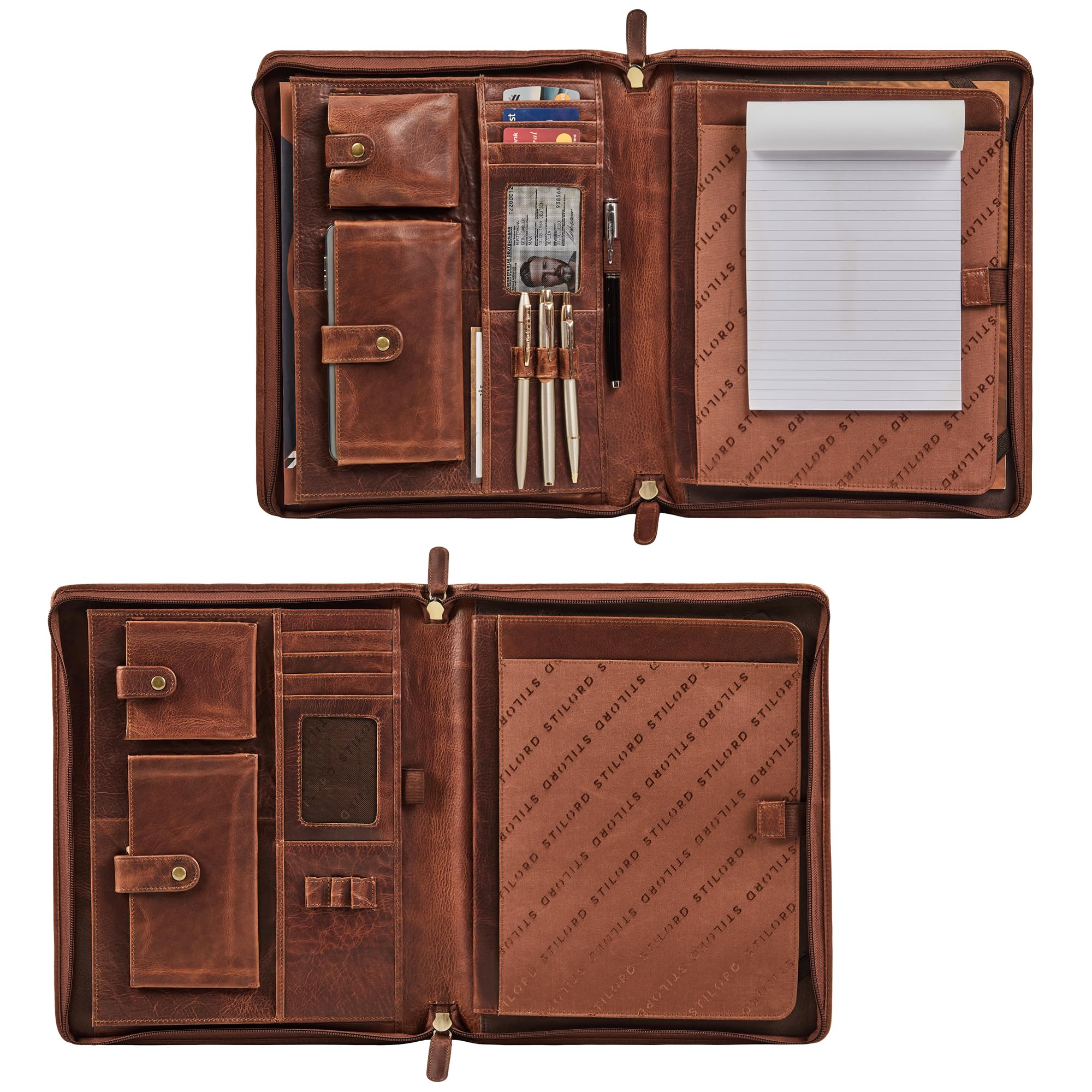 STILORD 'Wesley' Elegante Carpeta de Cuero A4 Portadocumentos Cognac con Cremallera - Gran Porta Documentos Piel Autentica Tablet de 13 Pulgadas para Oficina y Reuniones