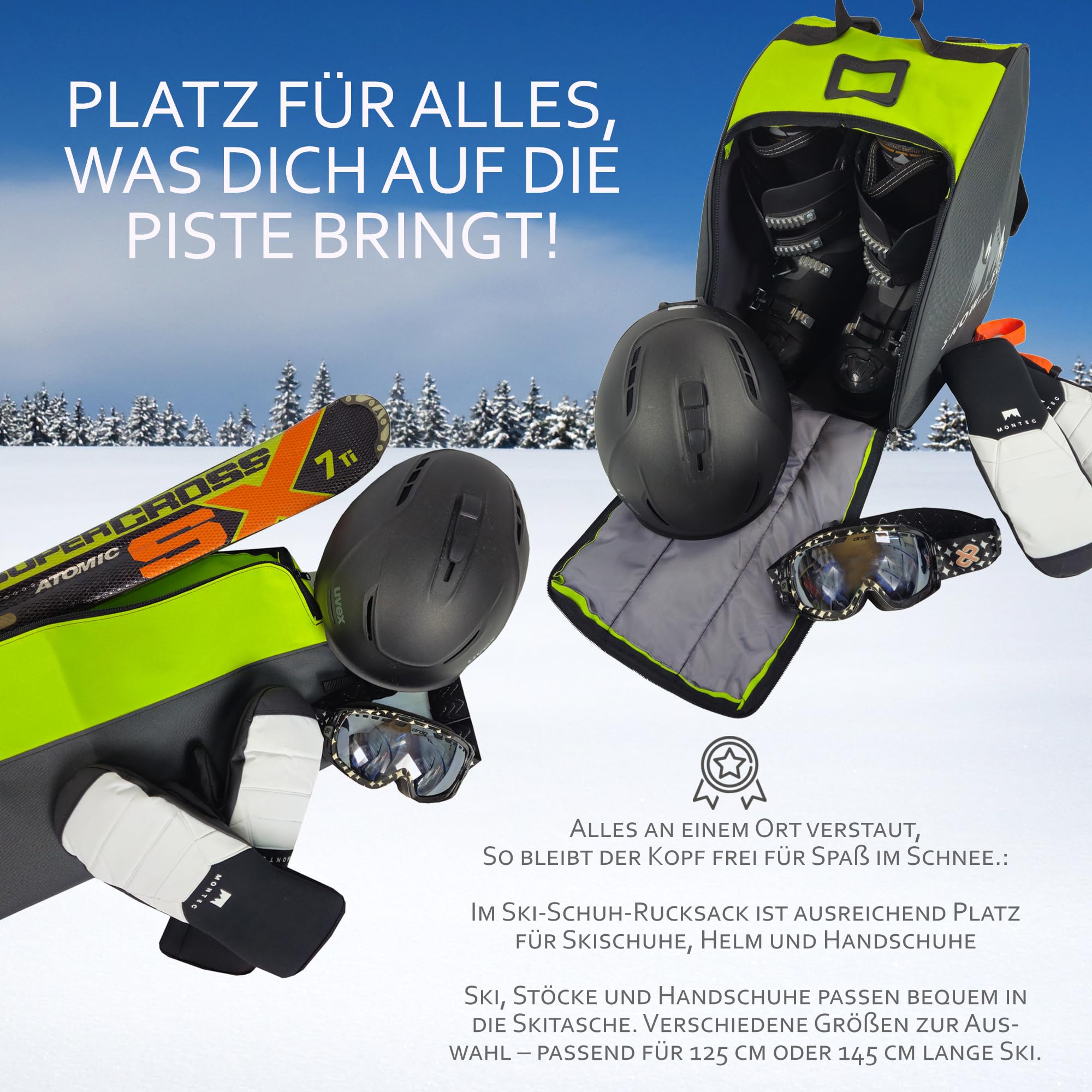 BambiniWelt Kinder Ski Set 125 cm Skitasche & Skischuhtasche Cordura, wasserdicht Skischuhrucksack Helmfach & Skibrillenfach – Skischule & Wintersport