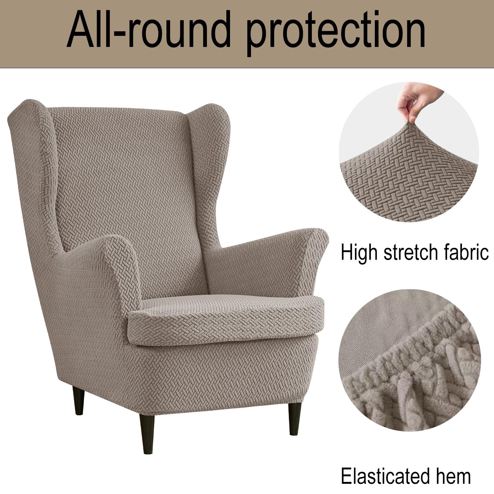 Ohrensessel Überzug Stretch Tiger Stuhlbezug Sessel-Überwürfe Universal Ottomane Schonbezug Ottomane Abdeckung (Khaki,Bezug Ohrensessel)