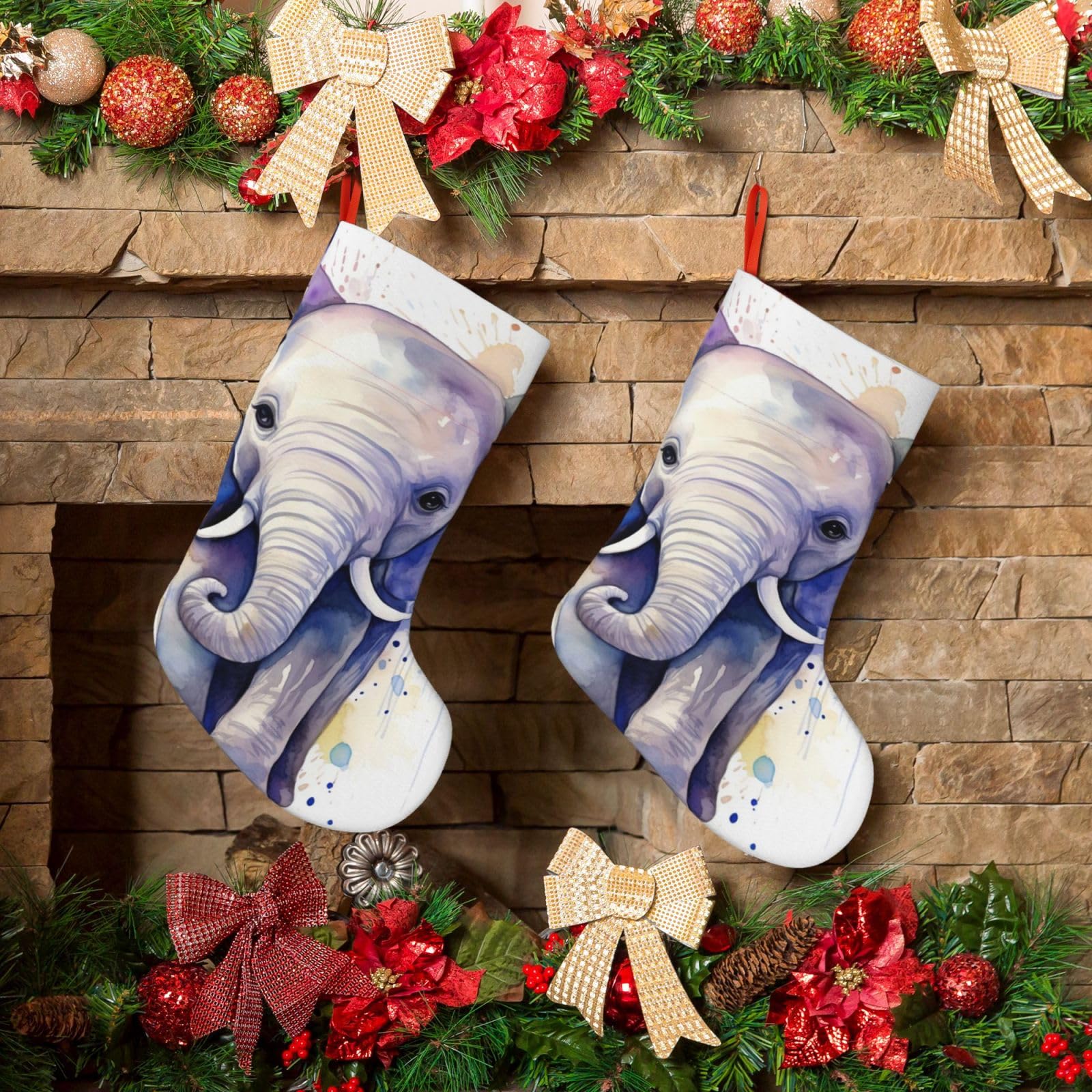 Fodpand Boys Black Cute Elephant Watercolor Christmas Stockings Hanging Ornaments For Holiday Decor, 18 Inches Velvet Fireplace Hanging Xmas Stocking, Candy Gift Bags For Christmas Decorations
