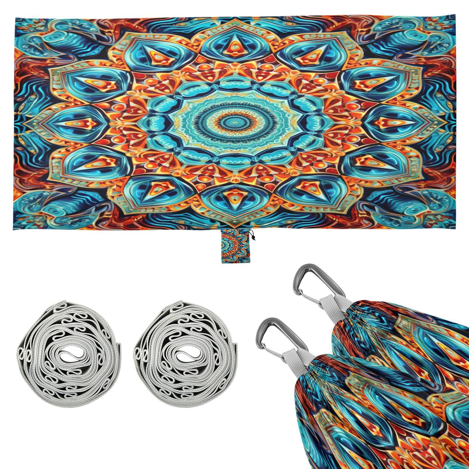 SDMKA Blue Orange Mandala Camping Hammock, 330 lbs with 2 Tree Straps, Carry Bag, Single Portable Hammock for Outdoor/Indoor, Hiking, Beach, Backpacking, Travel