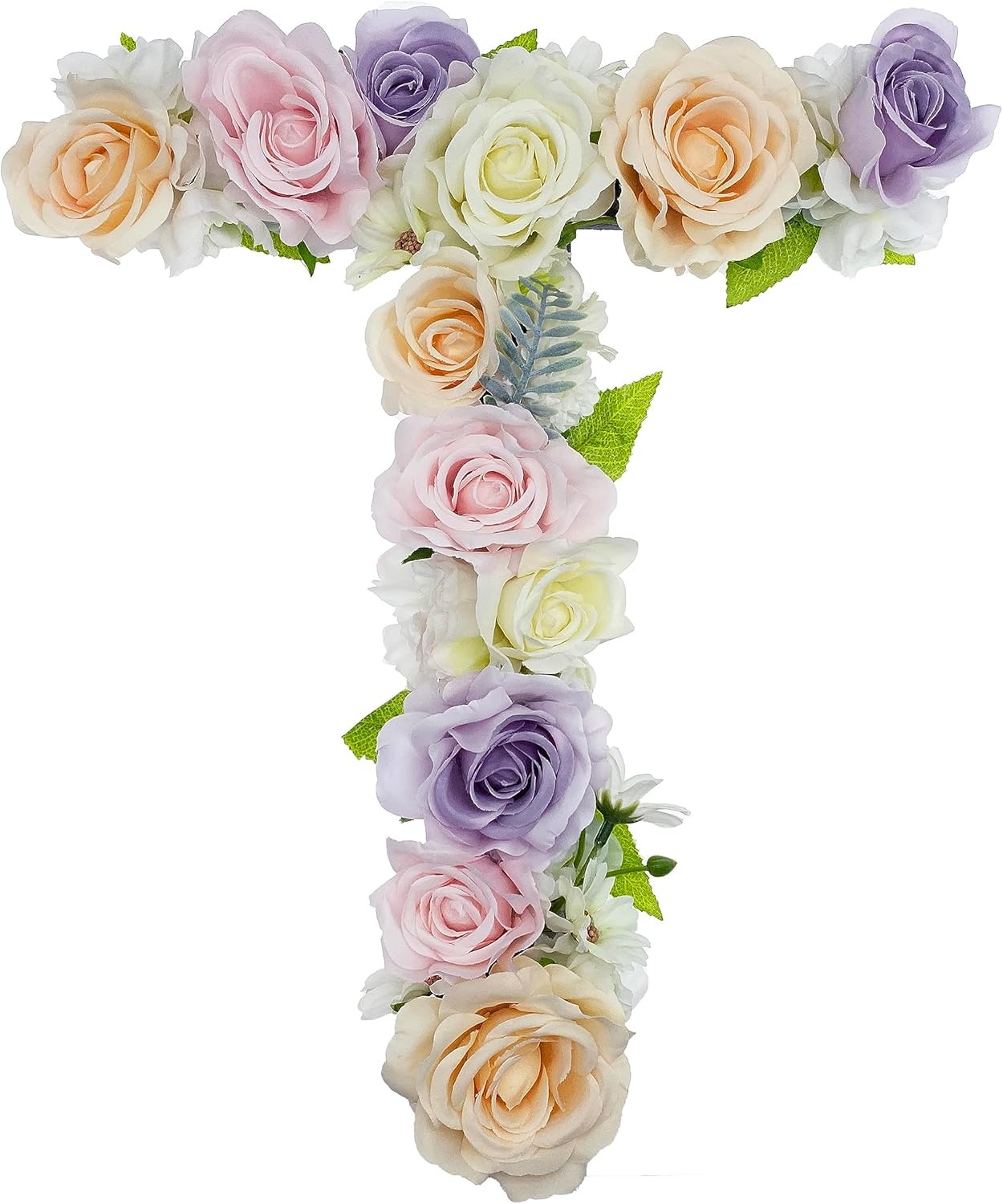Flower Letters Artificial Floral A-Z Initial Alphabet Faux Floral Letters 13" Height Fake Flowers For Spring Wedding Funeral Baby Bridal Shower Nursery Art Photo Prop Shabby Chic Wall Decor(Shape T)