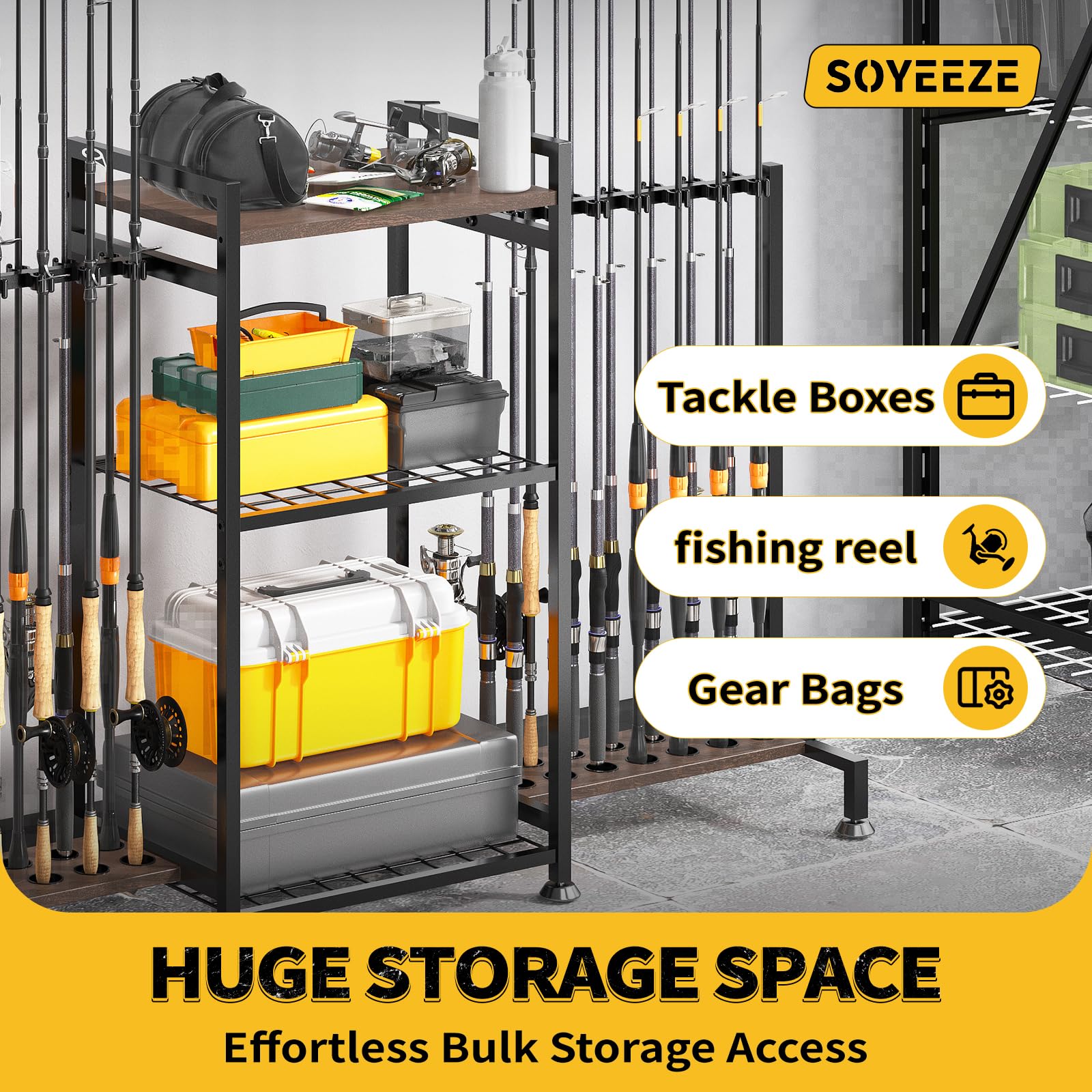 SOYEEZE Angelrutenhalter für 28 Ruten, Bodenständer, Angelrutenhalter für Garage, 3-seitiges vertikales Angelrutenregal für Angelbox, Angelzubehör, ein Display für Fischausrüstung, Geschenk für Mann