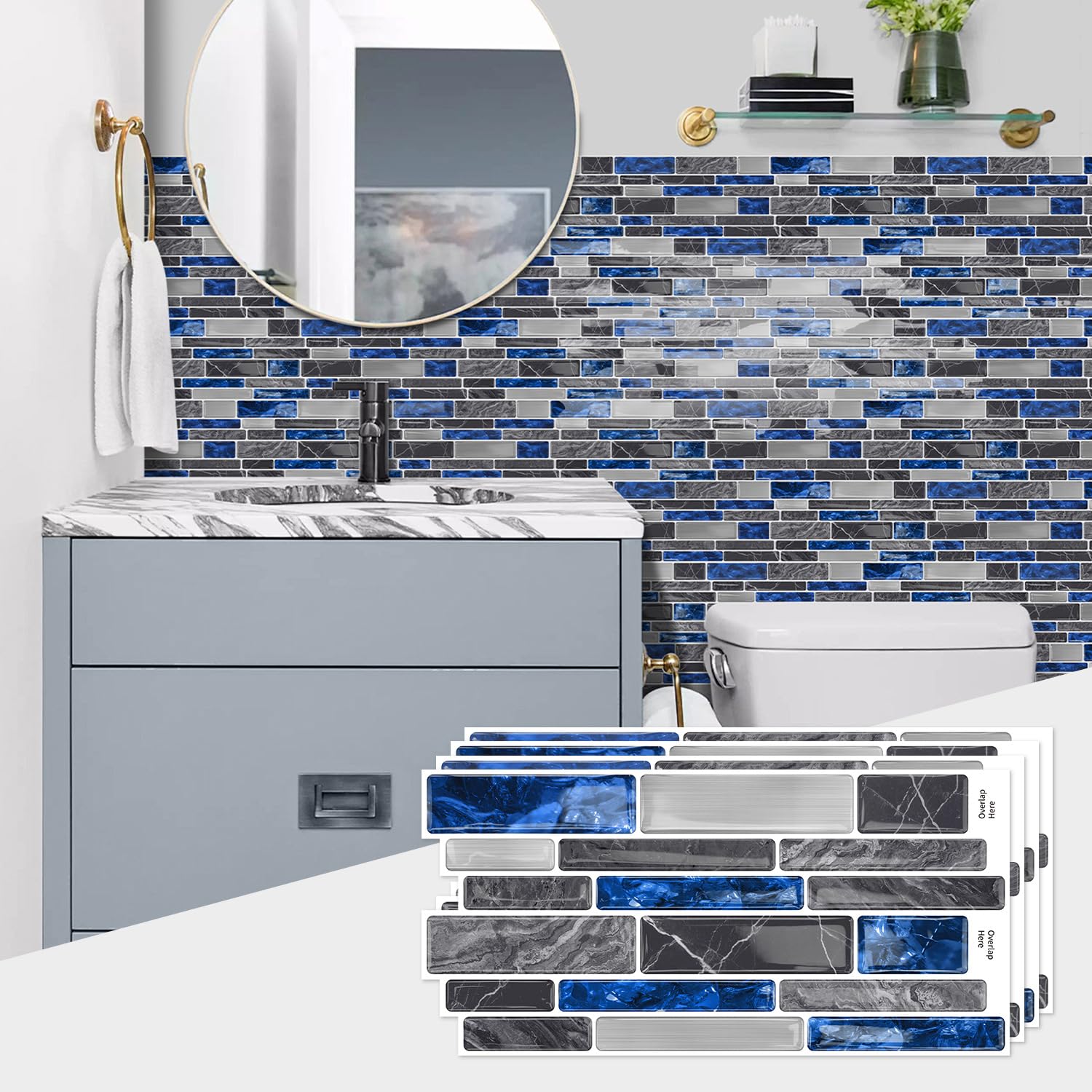 Sohouu 48Pcs 3D Tile Wall Stickers Waterproof Self Adhesive Decals(48Pcs)