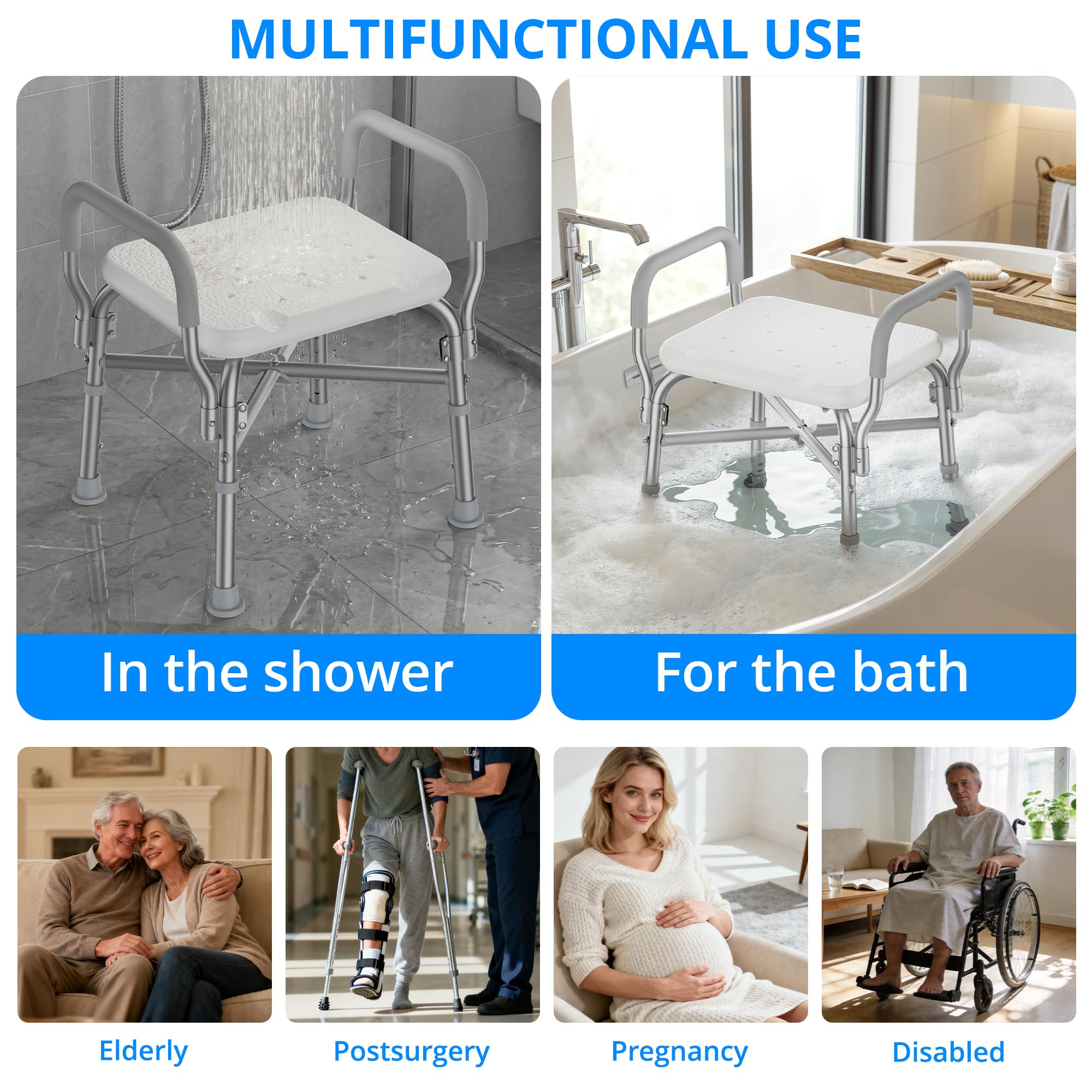Silla de ducha y brazos acolchados, taburete de baño de altura ajustable con pies antideslizantes, silla de bañera para ancianos, asiento de baño con respaldo, tapa de peso de 350 libras