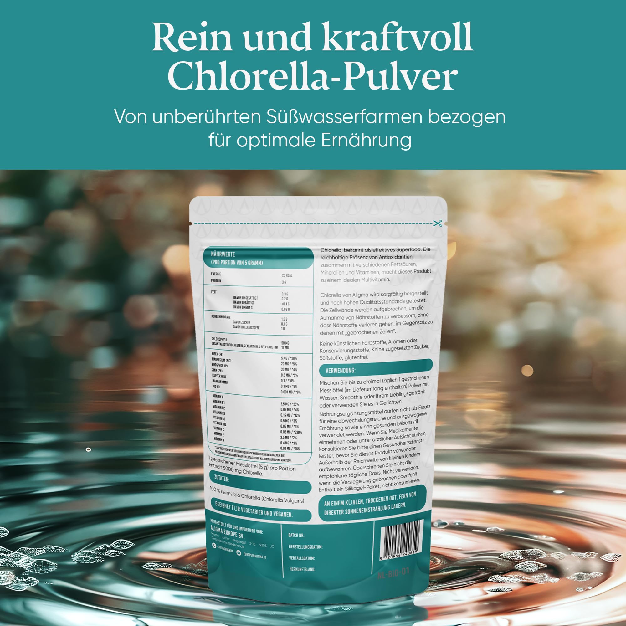 Aligma Bio-Chlorella-Pulver 250 g zur Stärkung des Immunsystems, Super Grüns-Pulver, natürliche Quelle für veganes Protein, Mineralien und Vitamine | Wiederverschließbare Verpackung