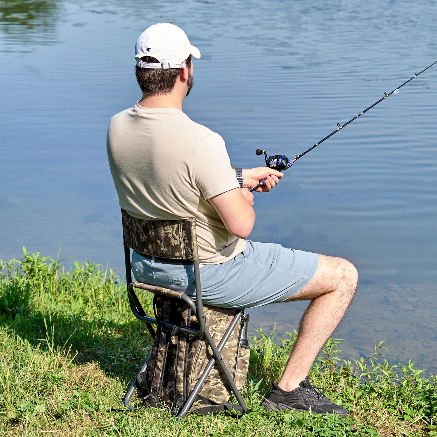x strike fishing chair with cooler and backrest, folding backpack chair for adults up to 350 lbs, fishing stools portable for outdoor, camping, hiking 350lbs camo