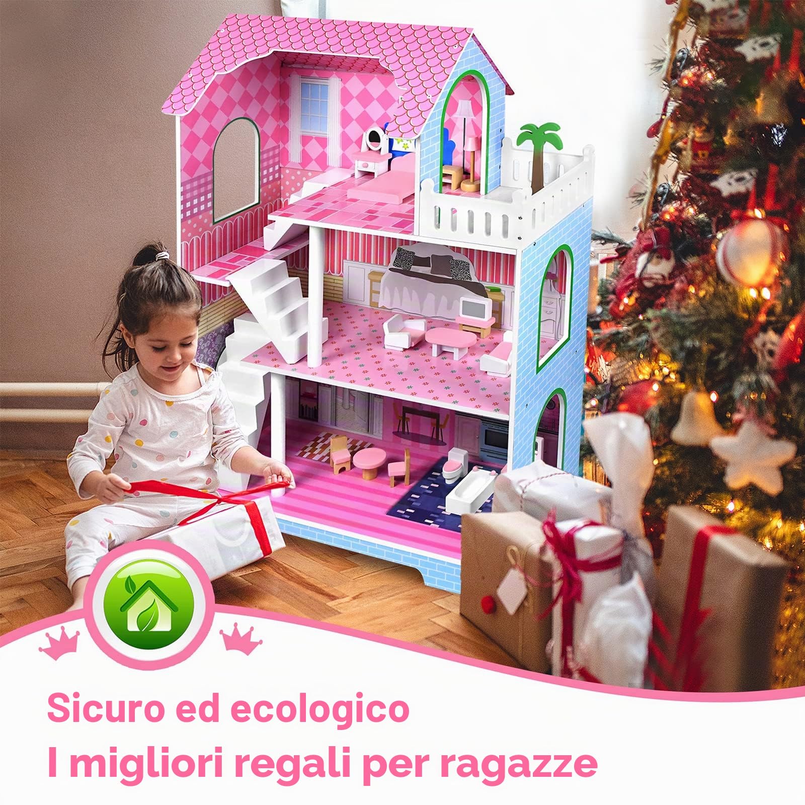 LARS360 LARS-ELC1073 Grande casa delle bambole in legno rosa con mobili e accessori, 3 piani, facile da montare, sicura ed ecologica (100 x 36 x 70 cm)