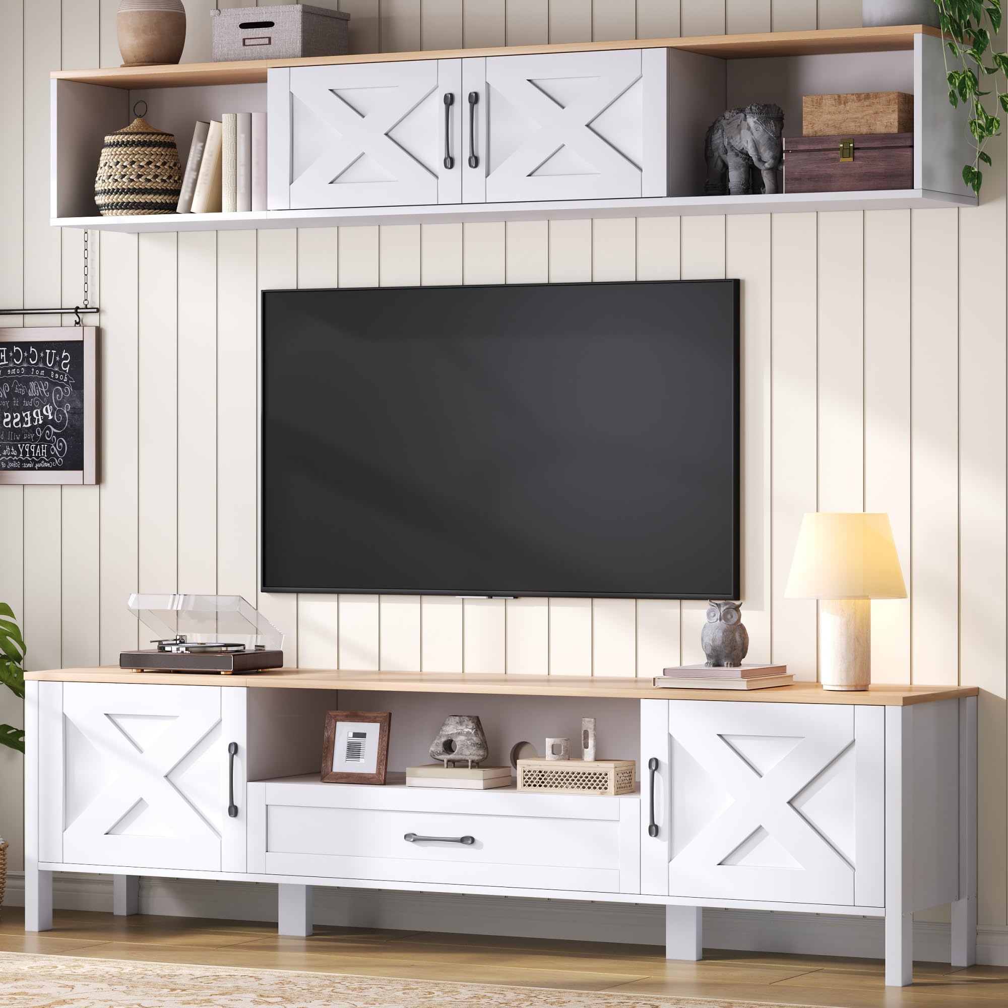 Conjunto de Muebles de Salón Juego de Mueble para TV de 2 Piezas, Mueble de Comedor con 4 Puertas y 1 Cajón, Mesa de TV 180cm, Mueble TV de 80 Pulgadas, 180x40x50 cm, Blanco