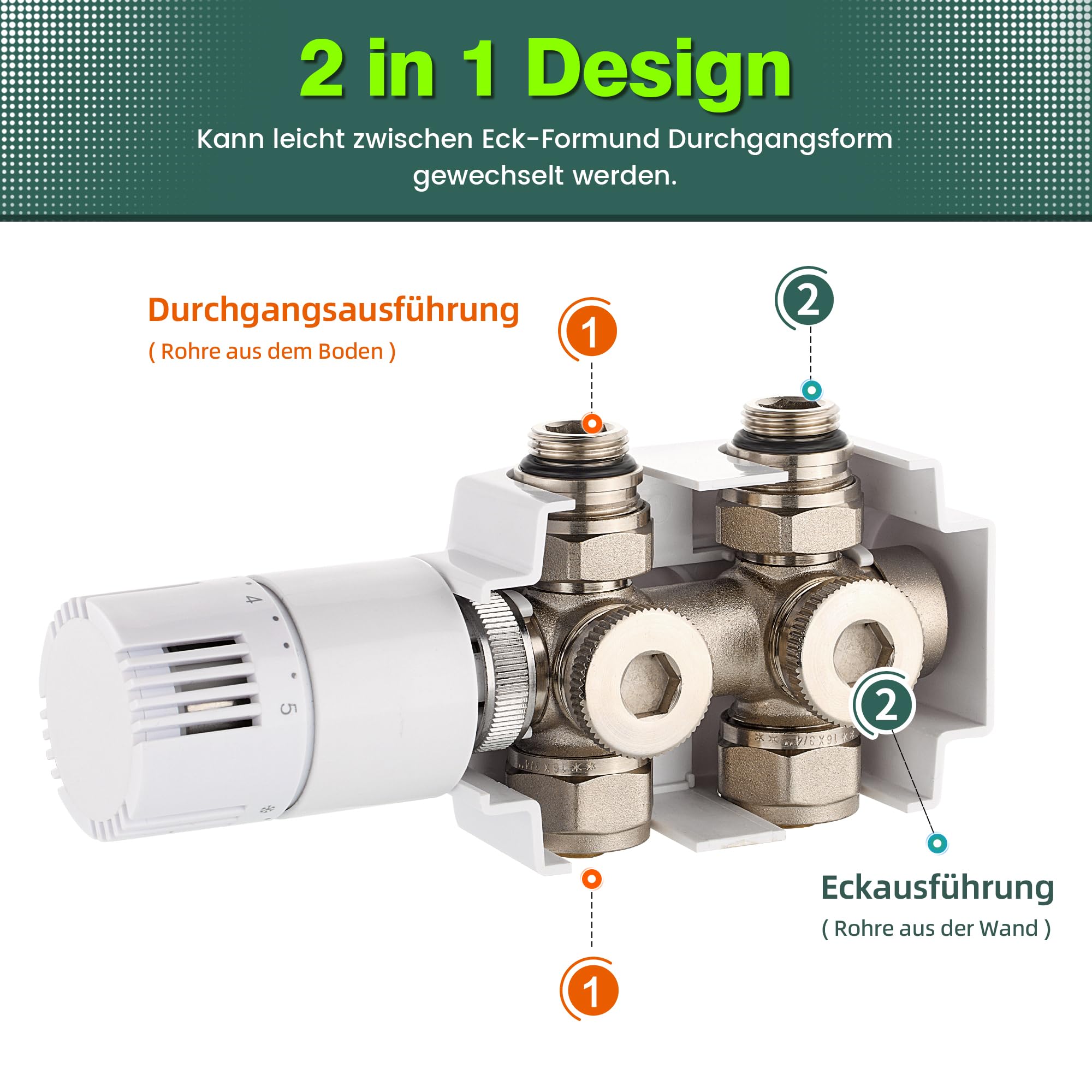 Multiblock Set für Heizkörper Anschlussarmatur mit Thermostat, Hahnblock Heizkörper Ventil Eck- und Durchgangsform 50mm, Heizkörperventil für Badheizkörper Heizungszubehör (G1/2",Weiß)