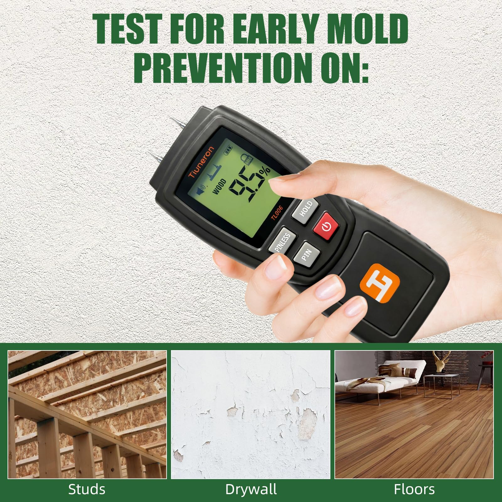 Dual Mode Moisture Meter for Wood and Building Materials, Pin & Pinless 2-in-1 Moisture Detector with Backlight & Buzzer, Digital Water Leak Tester for Hardwood, Softwood, Drywall & Masonry — Amazon image 6