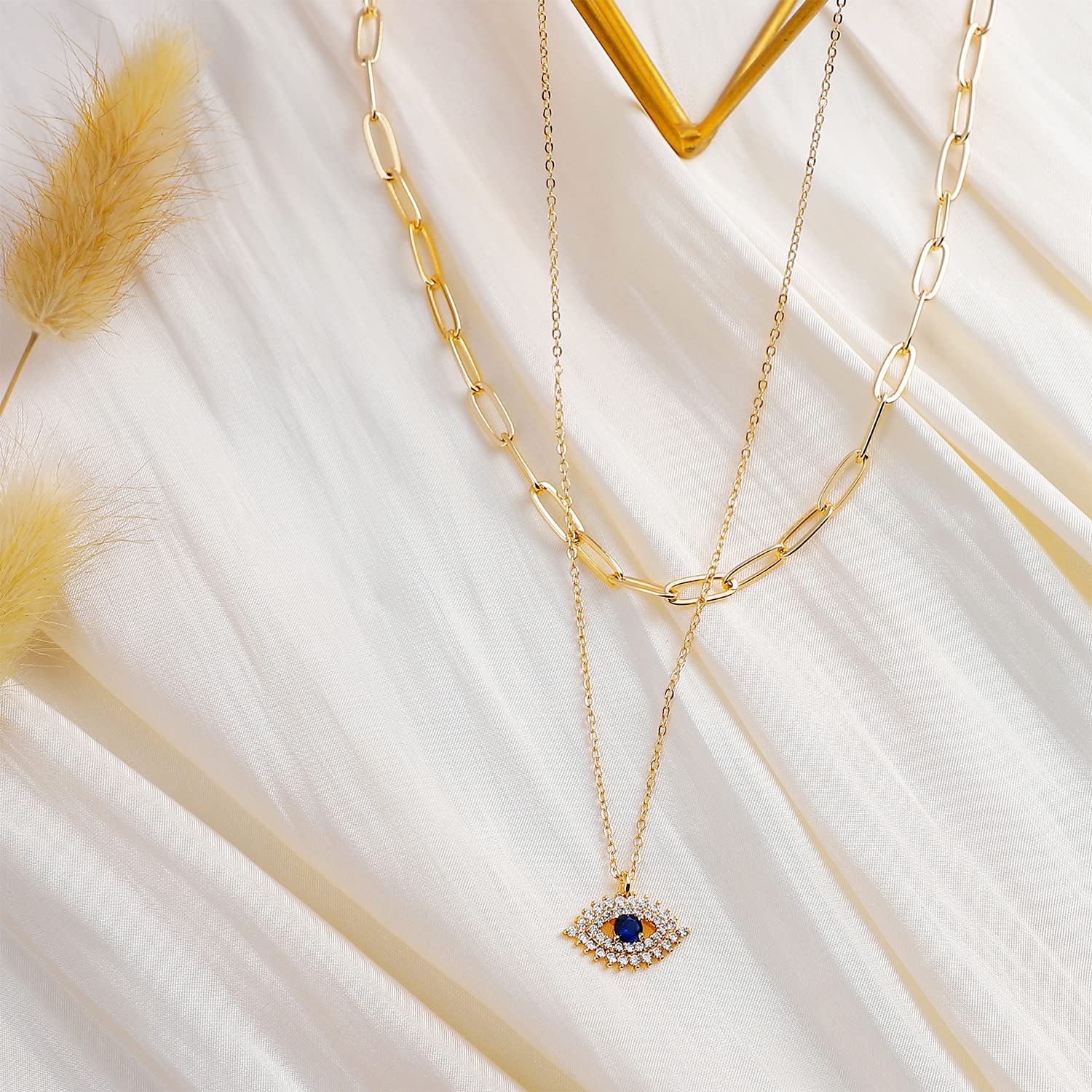 MEVECCO Layered  Necklace Pendant Handmade 18k Gold Plated Dainty Gold Choker Arrow Bar Layering Long Necklace for Women: Layer Blue Eyes