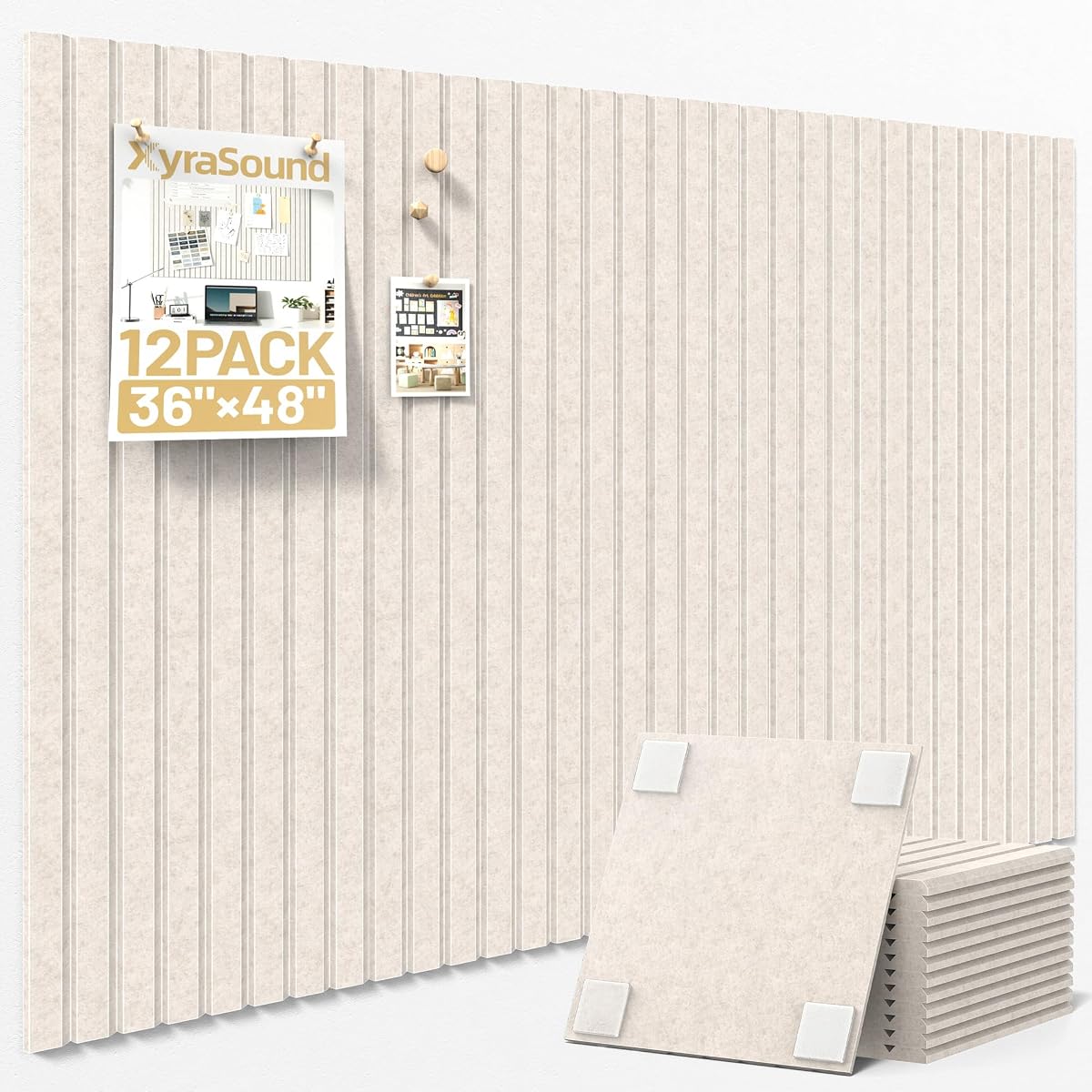 Large Cork Board for Walls 12 Pack Bulletin Board with 60 Adhesive Tabs | 36" x 48" Alternative CorkBoard for Pictures Photos, Felt Push Pin Boards Tiles for Office Classroom Wall Decor - Ivory