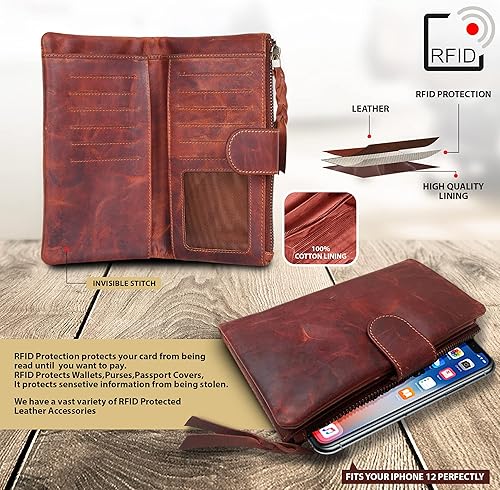 Miniatura 5 de VALENCHI - Cartera de cuero genuino suave y flexible para mujer con cremallera de metal y cierre a presión, coñac, (Cognac Vintage), Vintage