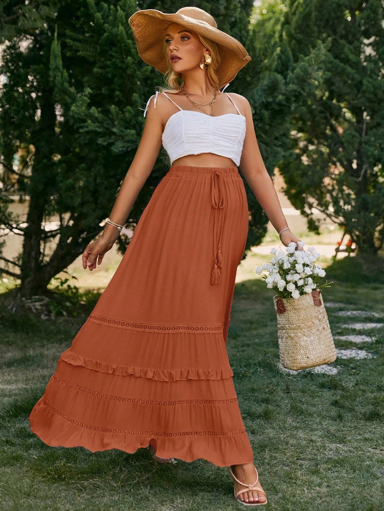Faldas largas de mujer Solid Color Ruffle Trim Tie Waist Long Skirt Ruffle Hem falda del club