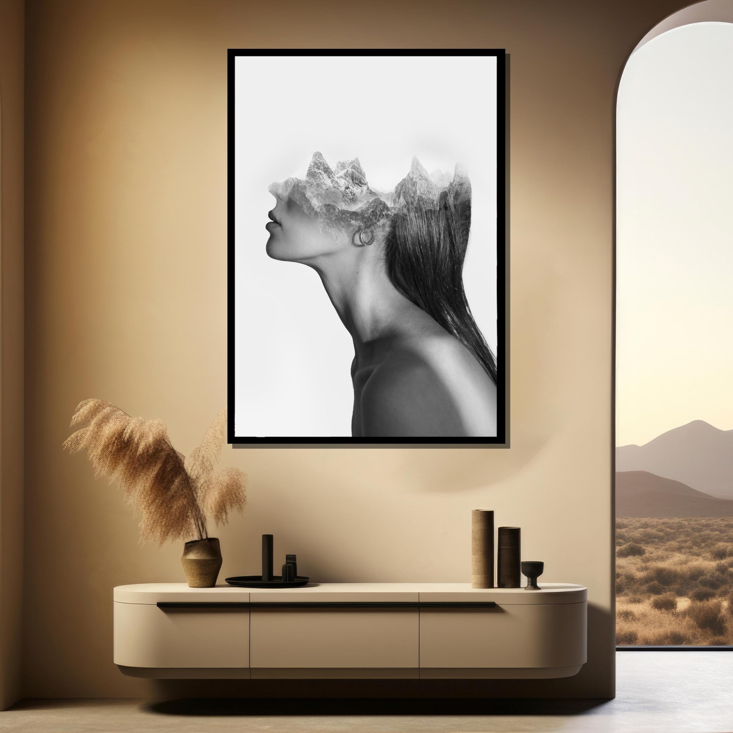 YUSUZHU Double Exposure Mountain Woman Canvas – Minimalist Monochrome Portrait Canvas Wall Art, for Bedroom, Office or Painting(70x100cm/Frameless)