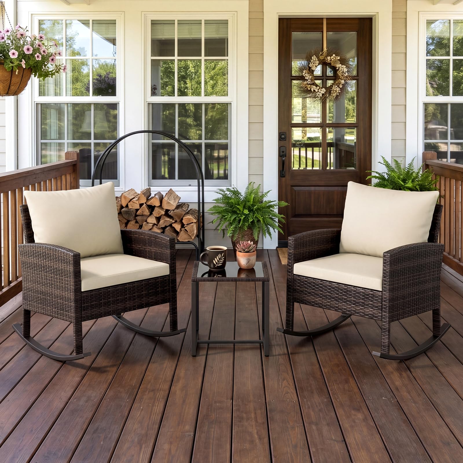 COSTWAY Set Salotto da Giardino in Rattan, Set Mobili da Eterno con 2 Poltrone a Dondolo, Tavolino in Vetro Temperato e Comodi Cuscini con Fodera Lavabile per Cortile e Balcone (Beige)