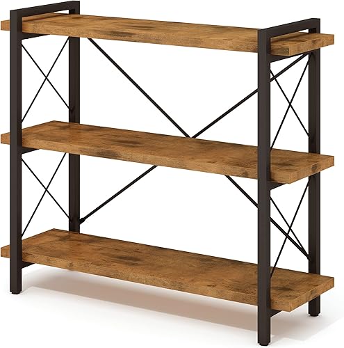 HCHQHS Bookshelf, 3-Tier Industrial Bookcase, Rustic Open Book Shelf, Wood and Metal Horizontal Bookshelves Marrón (Rustic Brown),Blanco nube,Ébano