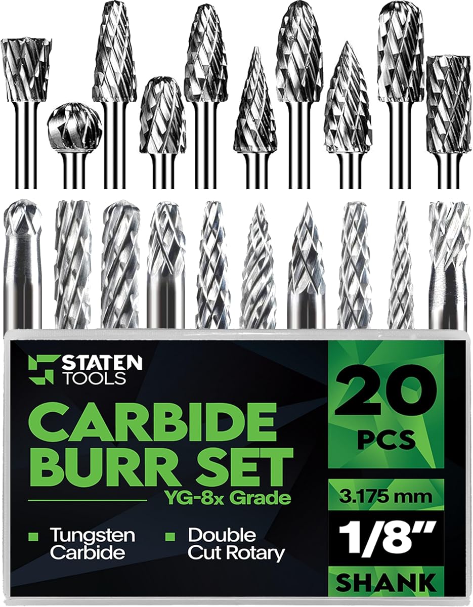 Carbide Bur Set 1/8 Shank - 20 Pcs Double Cut Die Grinder Bits for Milling, Carving, Engraving, Deburring, Drilling, Hard Wood and Metals – YG-8x Tungsten Carbide Drill Bit Set for Rotary Tools