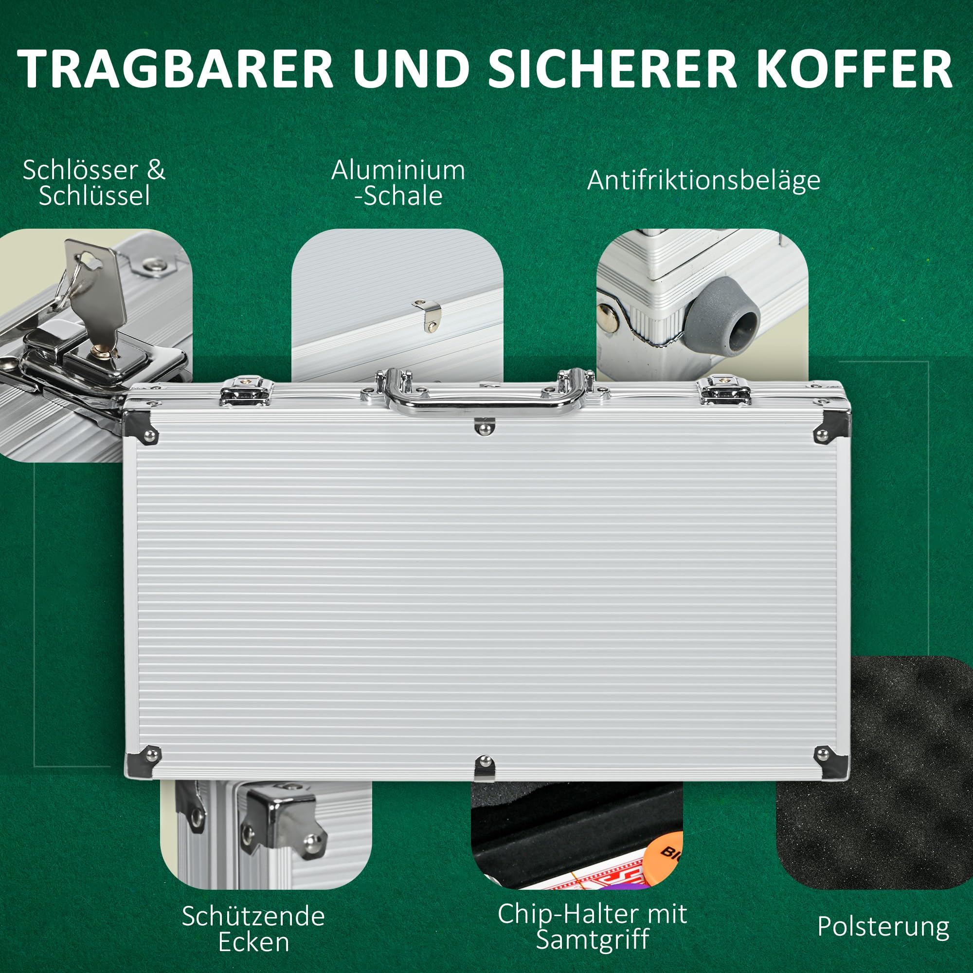 SPORTNOW Pokerkoffer Set, 300 Pokerchips 11,5 Gramm, Pokerset mit Schloss, 2 Pokerdecks, 5 Würfel, 1 Dealer Button, 1 Small Blind,1 Big Blind, Silber