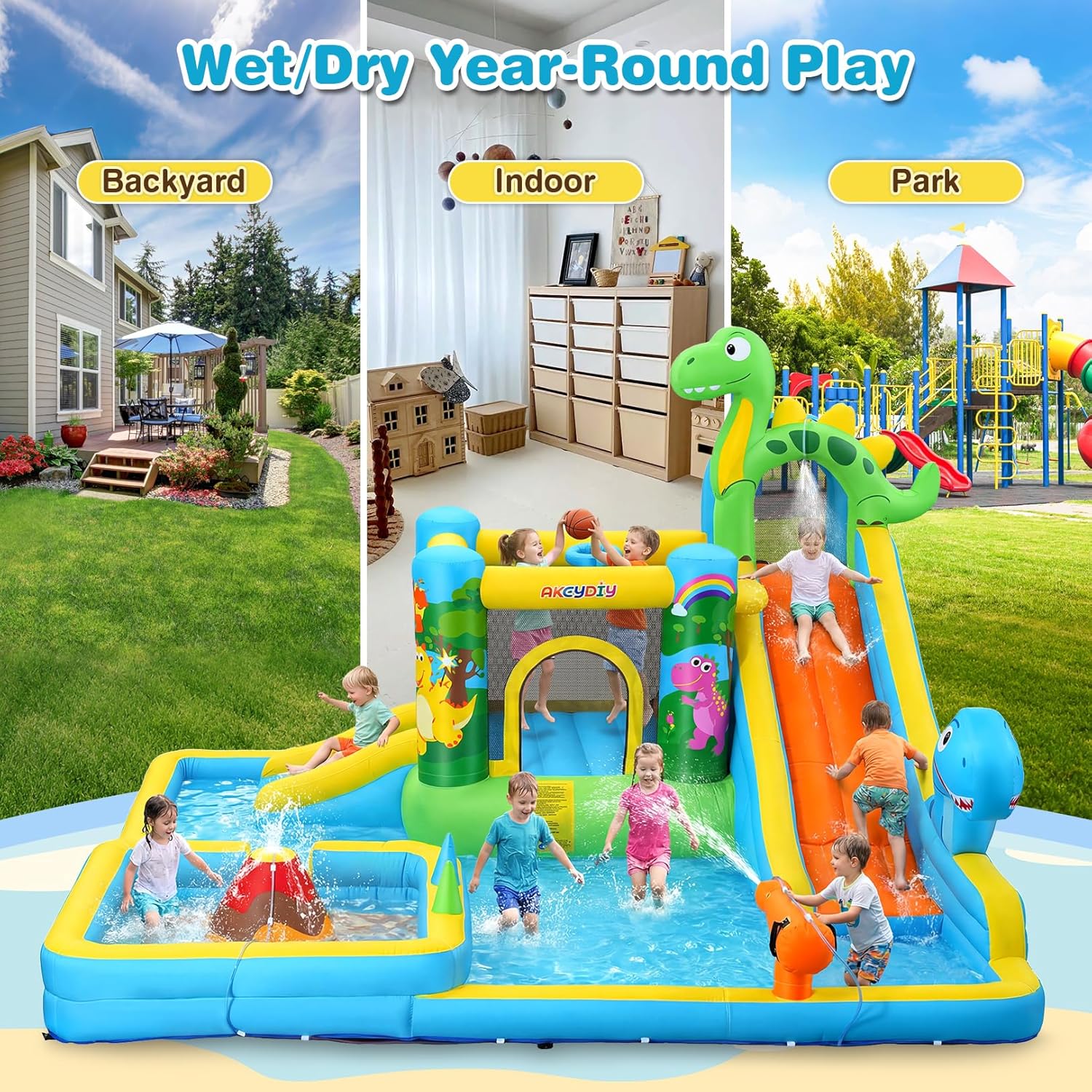 AKEYDIY Bounce House Water Slide, Inflatable Water Slide Dinosaur Water Park with with Long Slide, Pool, Climbing Wall, Water Gun for Outdoor, Blow up Bounce House Castle for Kids Backyard Party Gifts