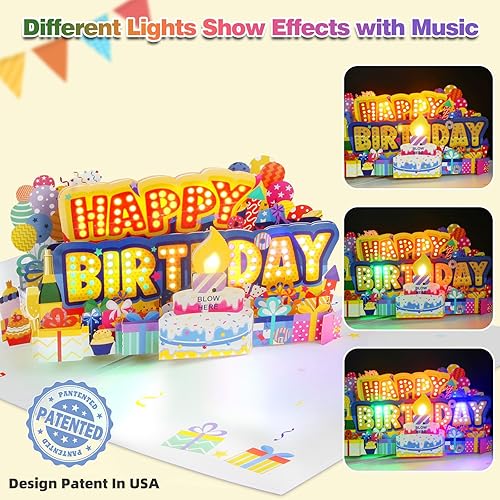 Miniatura 9 de Tarjetas de cumpleaños de fuegos artificiales 3D mejoradas, luces musicales y LED, tarjetas de cumpleaños con pastel de cumpleaños inflable,