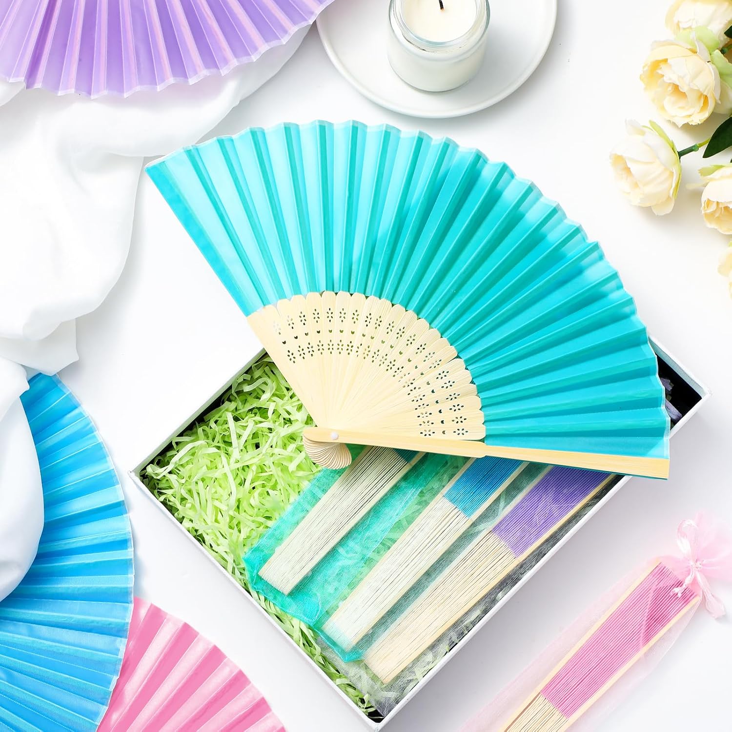 Tatuo 80 Pcs Folding Fans Bamboo Silk Hand Fans Handheld Foldable Chinese Fan Bulk Decorative Folding Fan for Dancing Women Men Wedding Bridal Decoration Valentines Party Festival Gift(Assorted Color) image 5