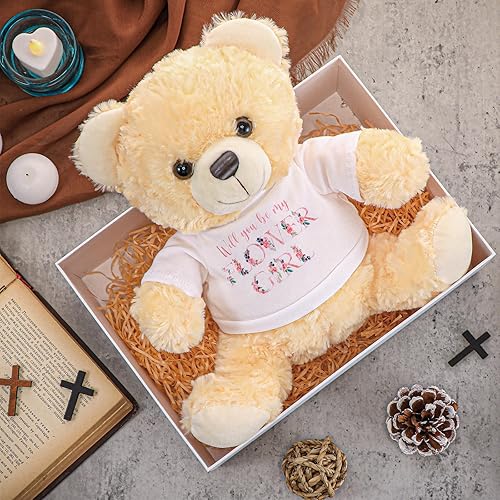 Miniatura 8 de Jexine Anillo de peluche de oso de 10 pulgadas con texto en inglés Will You Be My Flower Girl, regalo de propuesta de novia y novio con ropa para