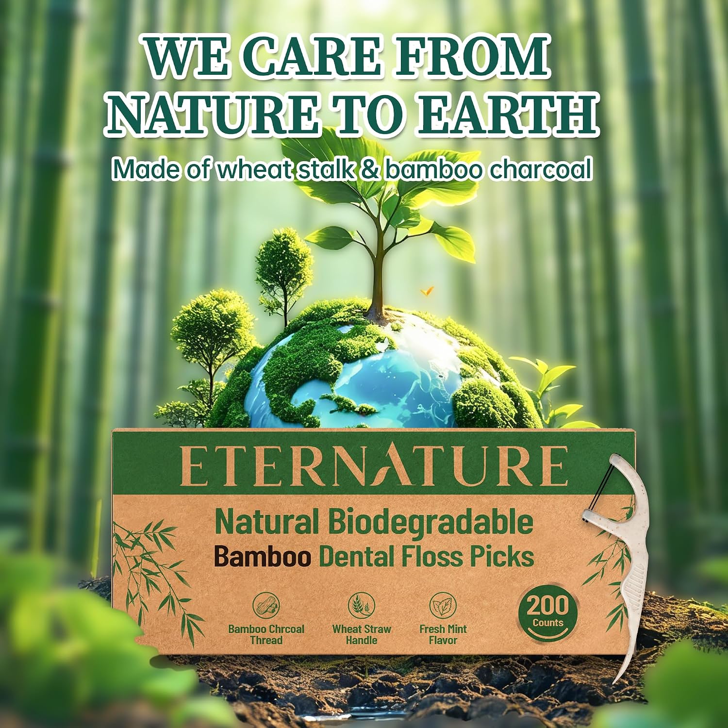Biodegradable Dental Floss Picks for Teeth, 200ct Organic Natural Bamboo Charcoal Double Thread Floss Sticks, Flossers for Adults, Vegan Wheat Straw Flossers, Eco Friendly Teeth Cleaning, Mint