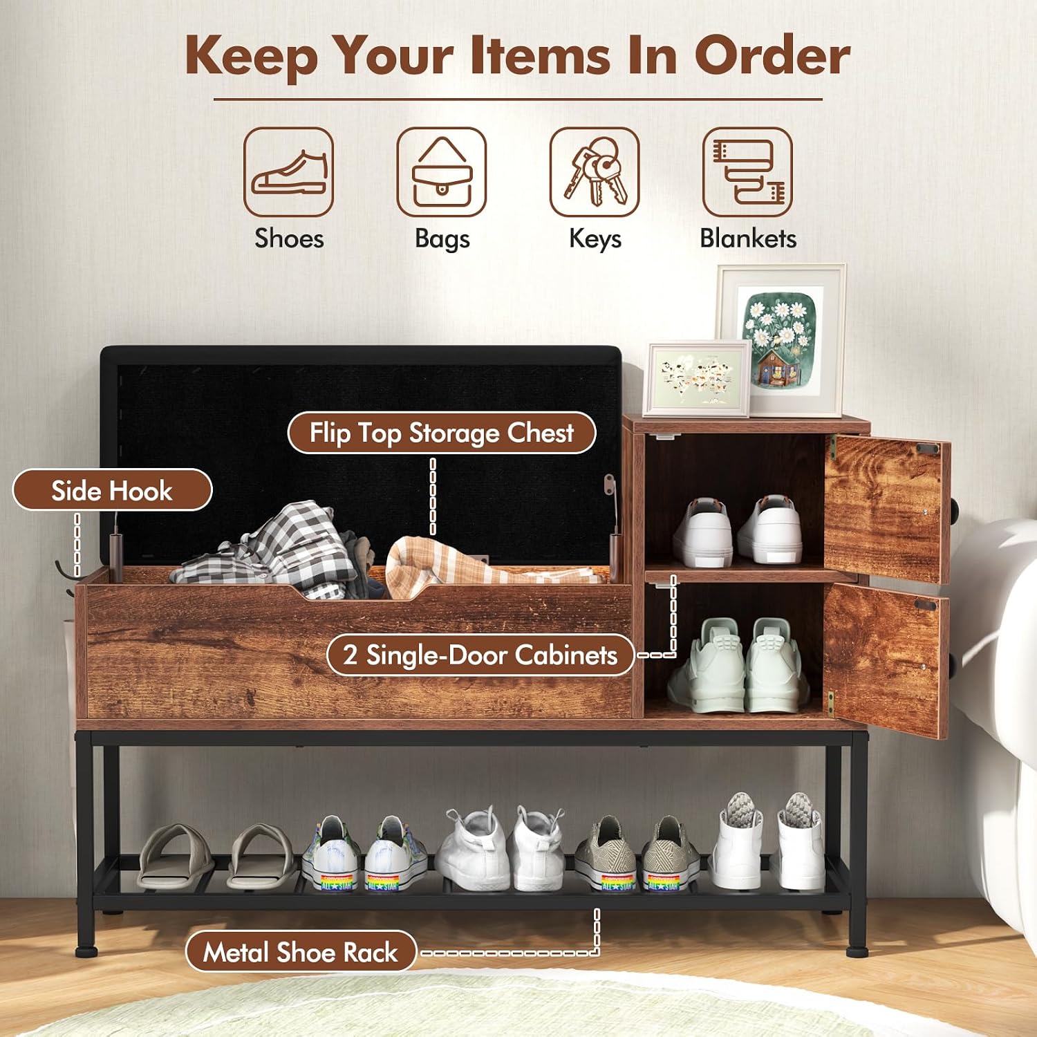 Giantex Rustic Brown Entryway Bench with Storage - Flip Top Box, 2 Door Cabinets, Padded Cushion, Shoehorn, 39.5'' Shoe Organizer for Hallway Foyer