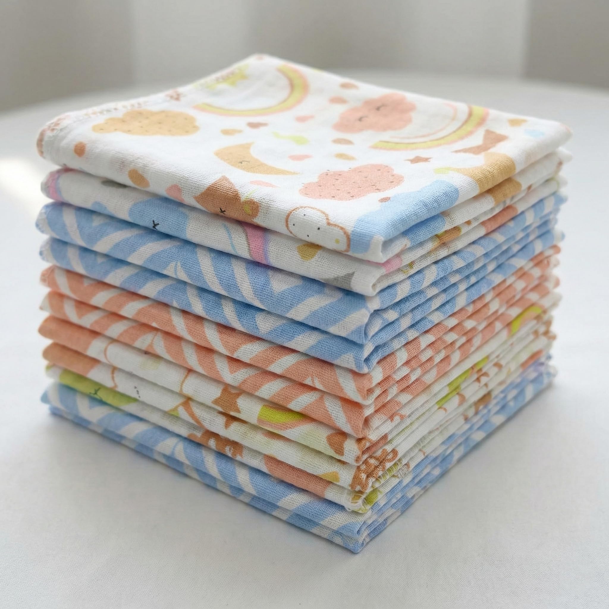 Trance Home Linen Super Soft 100% Cotton Thin Malmal Face Towels | Soft Handkerchief | Cotton Reusable Napkins (Small 40 X 40 Cm, Stars & Clouds - Pack Of 10) ,White,200 TC-image-47