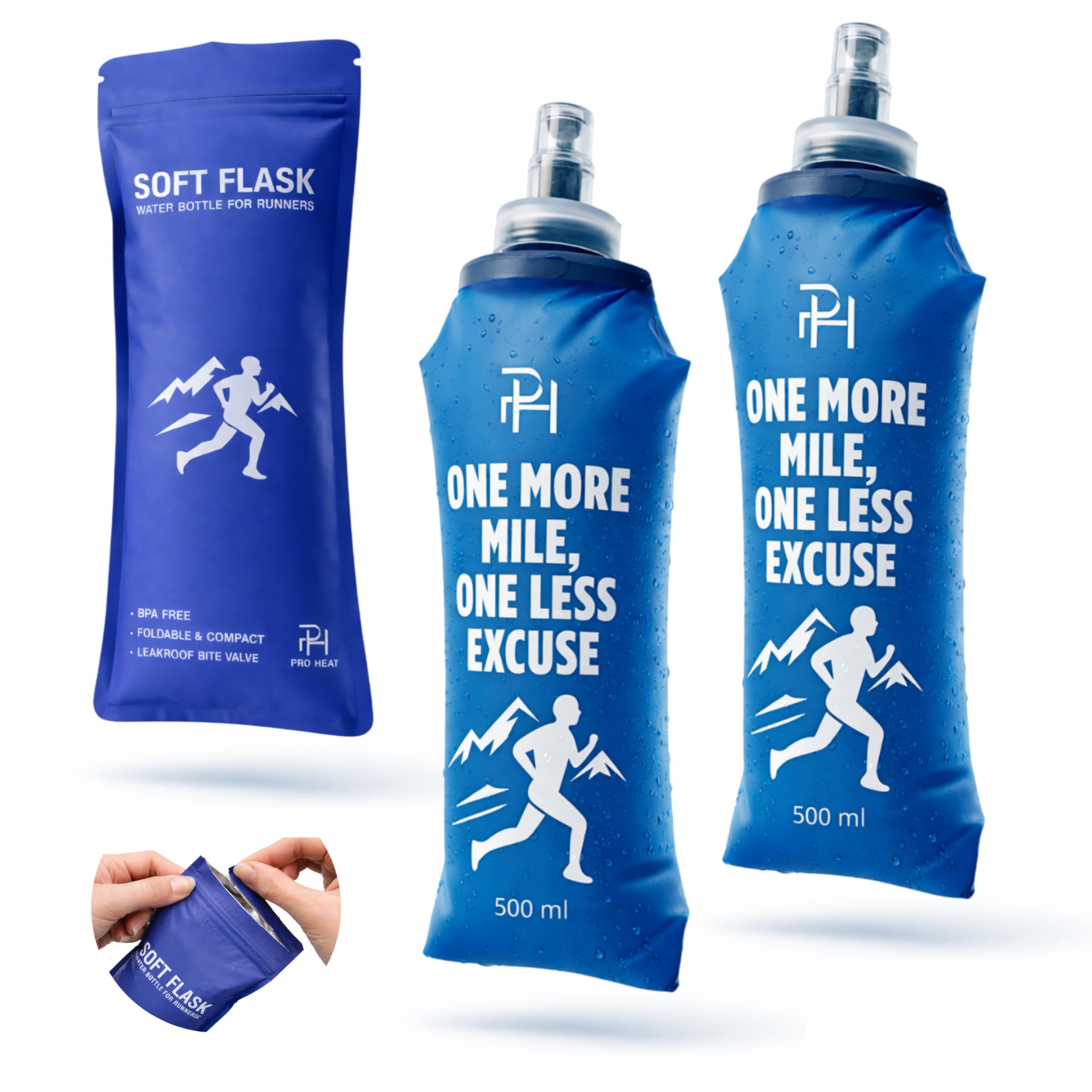 Ph Pro Heat Soft Flask | 2 Botellas Plegables de Agua para Running | Bolsa de Hidratacion de 500ml Flexible | Accesorio para Senderismo, Trail Running(2 AZUL - 500 ML)