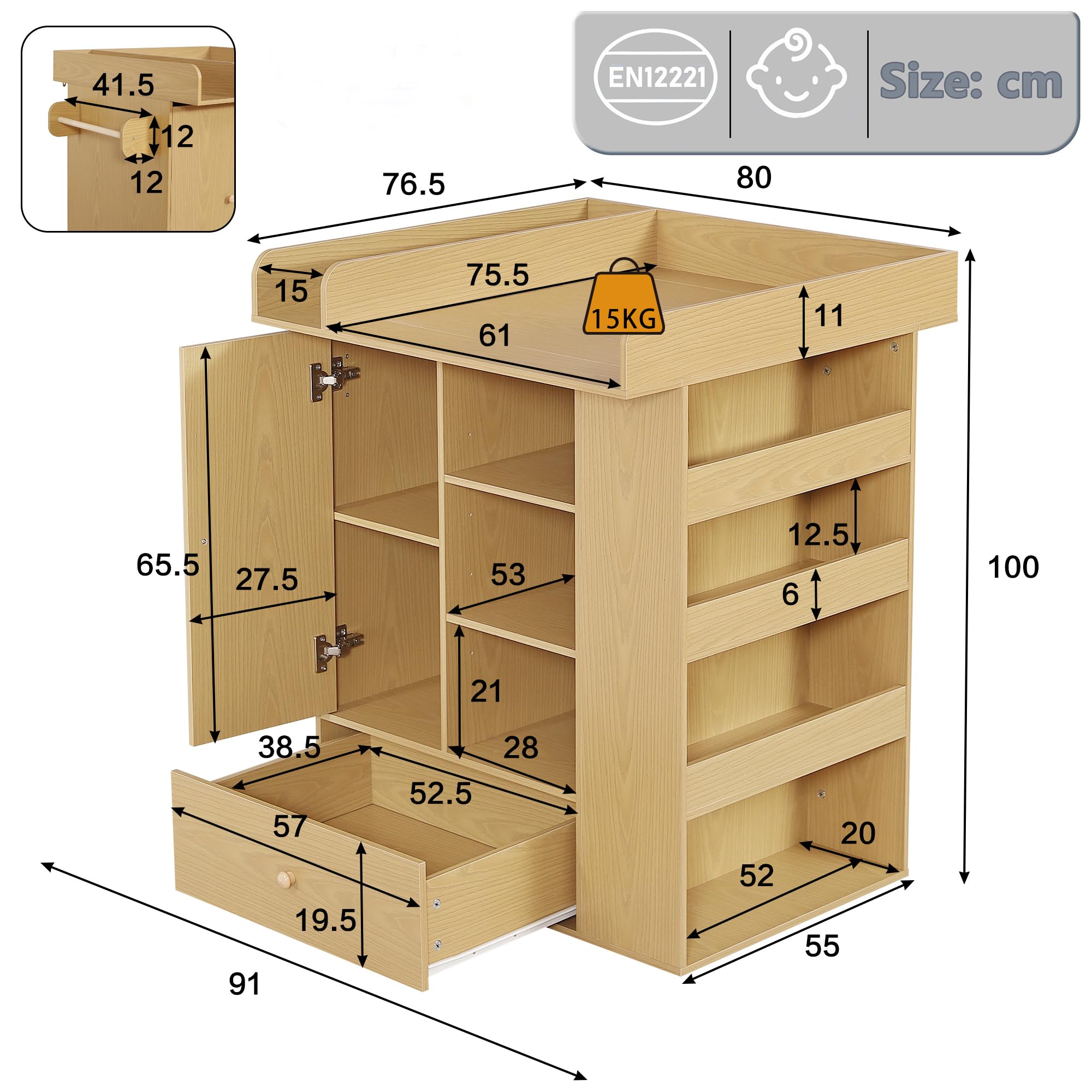Tidyard Wickelkommode mit Schublade und Schrank, Handtuchhalter, Naturholz, für Neugeborene, Babypflege, Kinderzimmer, Baby Erstausstattung