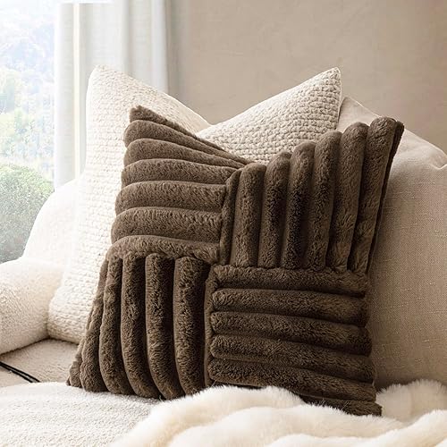 Miniatura 4 de Foindtower Paquete de 2 fundas de almohada decorativas de felpa de pelo sintético suave y esponjoso, fundas de cojín acogedoras y mullidas a rayas,