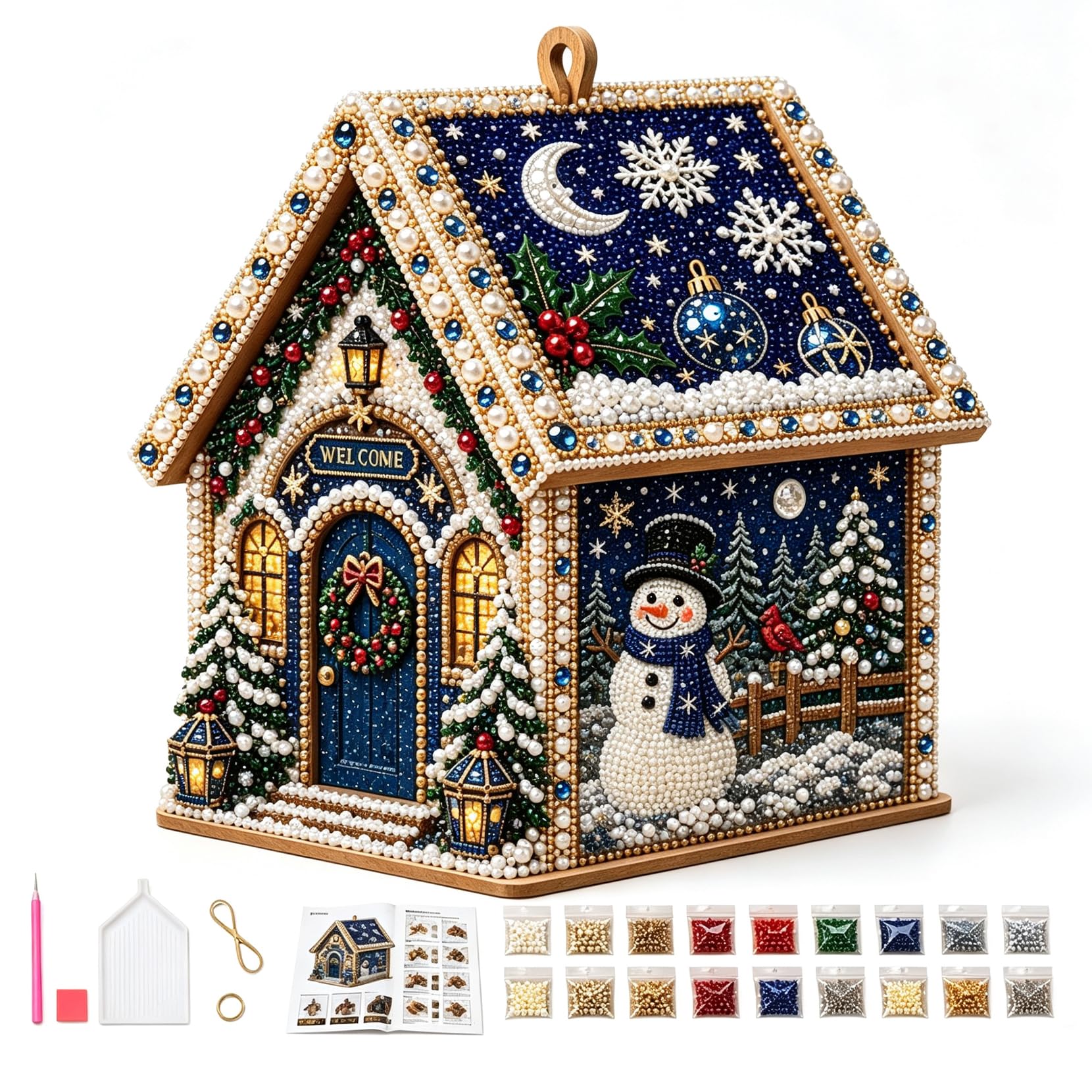 Ryzvelka 3D Christmas Pearl Diamond Painting House Kit, Blue Winter Cottage — image 1
