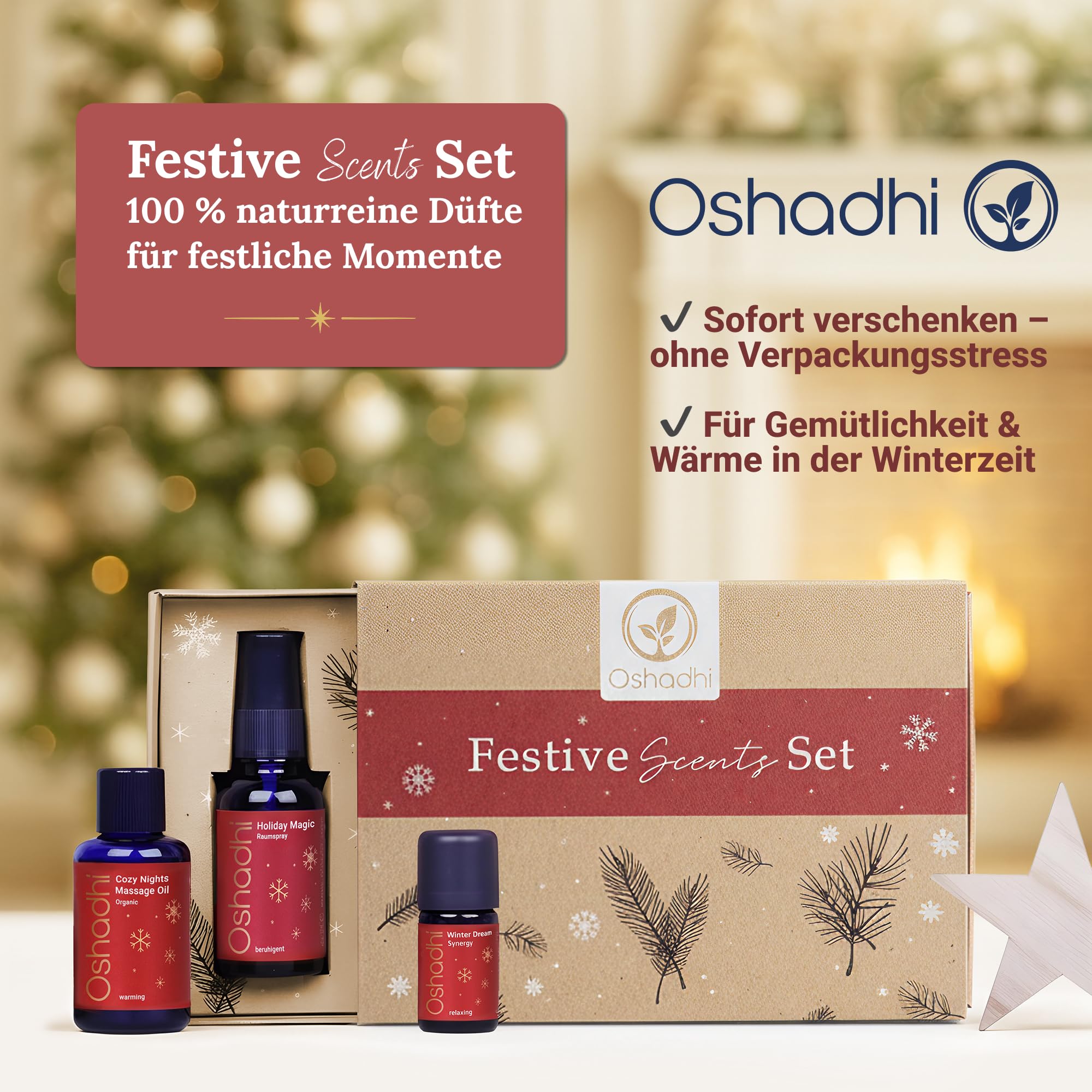 OSHADHI Festive Scents Geschenkset - Raumspray 30 ml - Duftöl 5 ml - Körper Öl 30 ml - Geschenkset Frauen & Männer - Geschenke für Weihnachten - Spa Aromatherapie Set - Naturreine Inhaltsstoffe