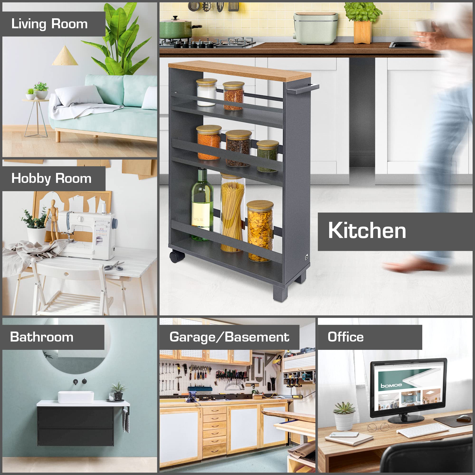 bomoe Carrello da Cucina Antracite Quercia Hylla - scaffale da Cucina 50x79x15 cm - Carrello con Ruote, 3 ripiani e piano lavoro in legno FSC® - Carrello da portata - mobile da Cucina e da Bagno