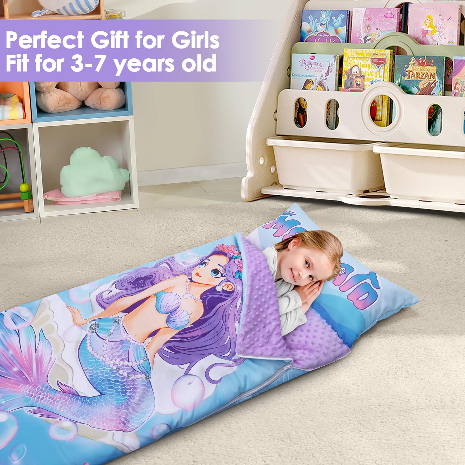Nap Mat Caldo per Bambini con Rimovibile Cuscino, Grande Sacco a Pelo Pieghevole per Ragazze Ragazzi, Nap Mats con Doppia Cerniera per Campeggio, Scuola Materna e Asilo, 150×60cm