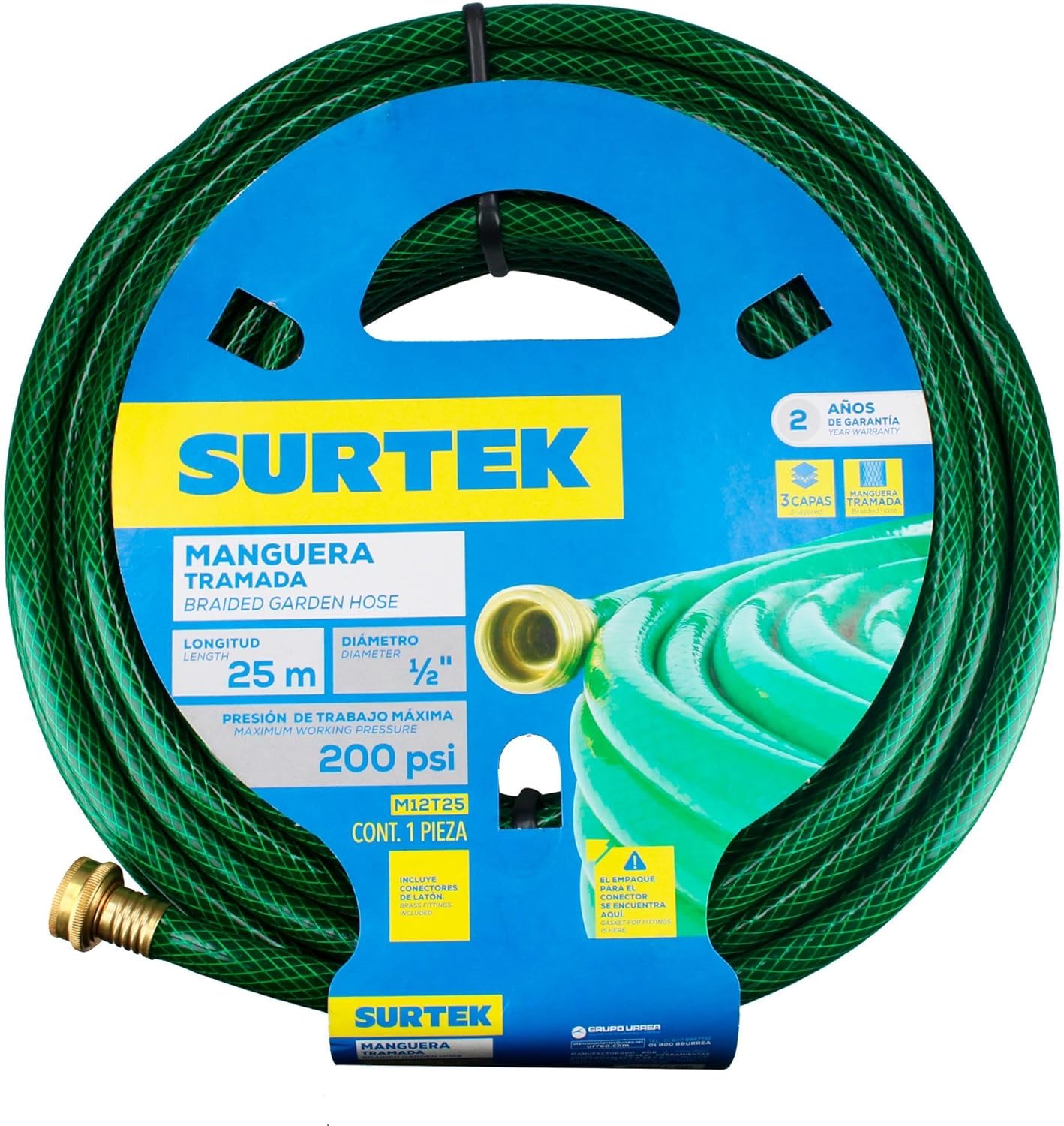 SURTEK Braided Reinforced Watering Hose - 1/2" x 25 m Garden Hose with Brass Connectors - M12T25